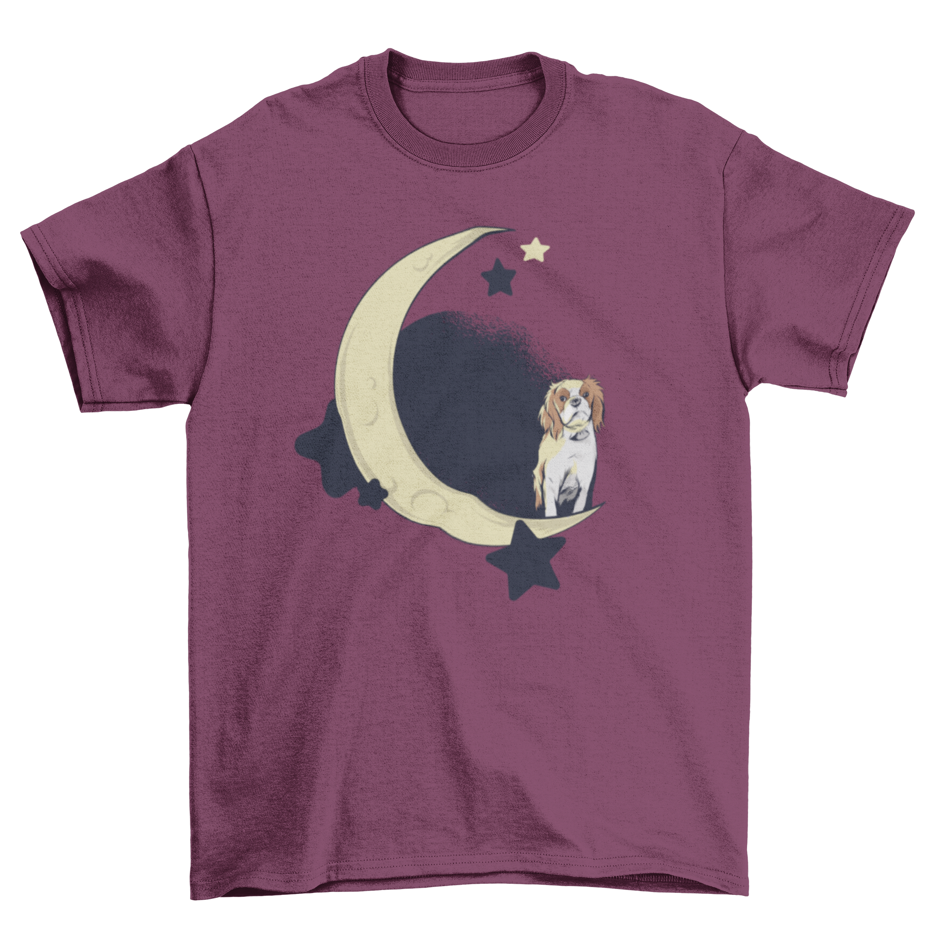 A cute t-shirt featuring a dog standing on a quarter moon with stars in the background.