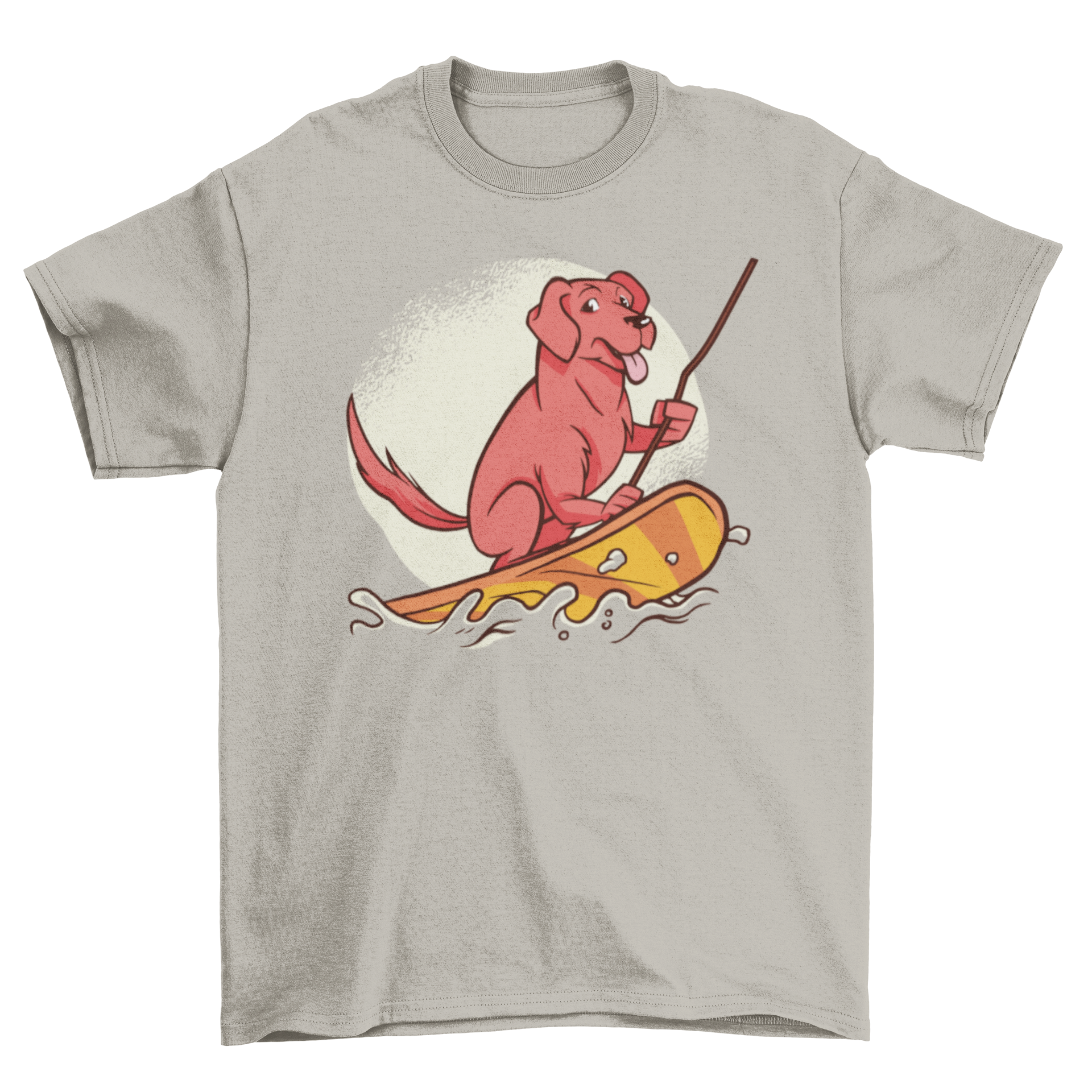 A stylish t-shirt featuring a playful dog paddle surfing, perfect for summer wear.