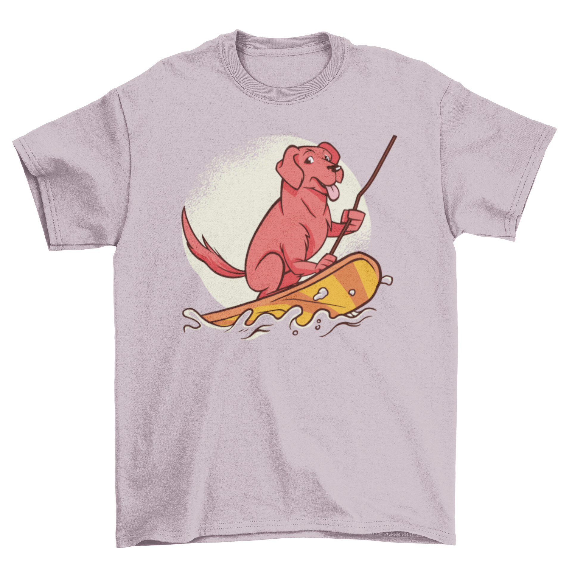 A stylish t-shirt featuring a playful dog paddle surfing, perfect for summer wear.