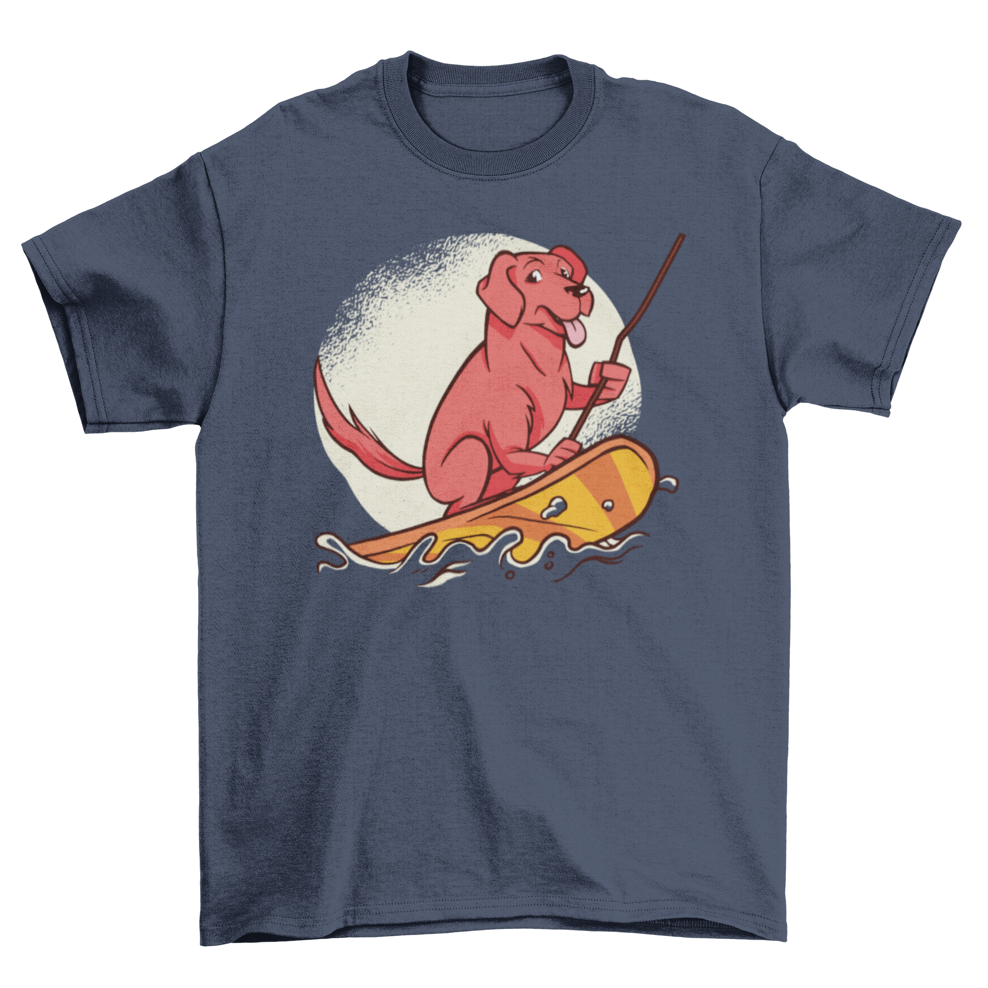 A stylish t-shirt featuring a playful dog paddle surfing, perfect for summer wear.