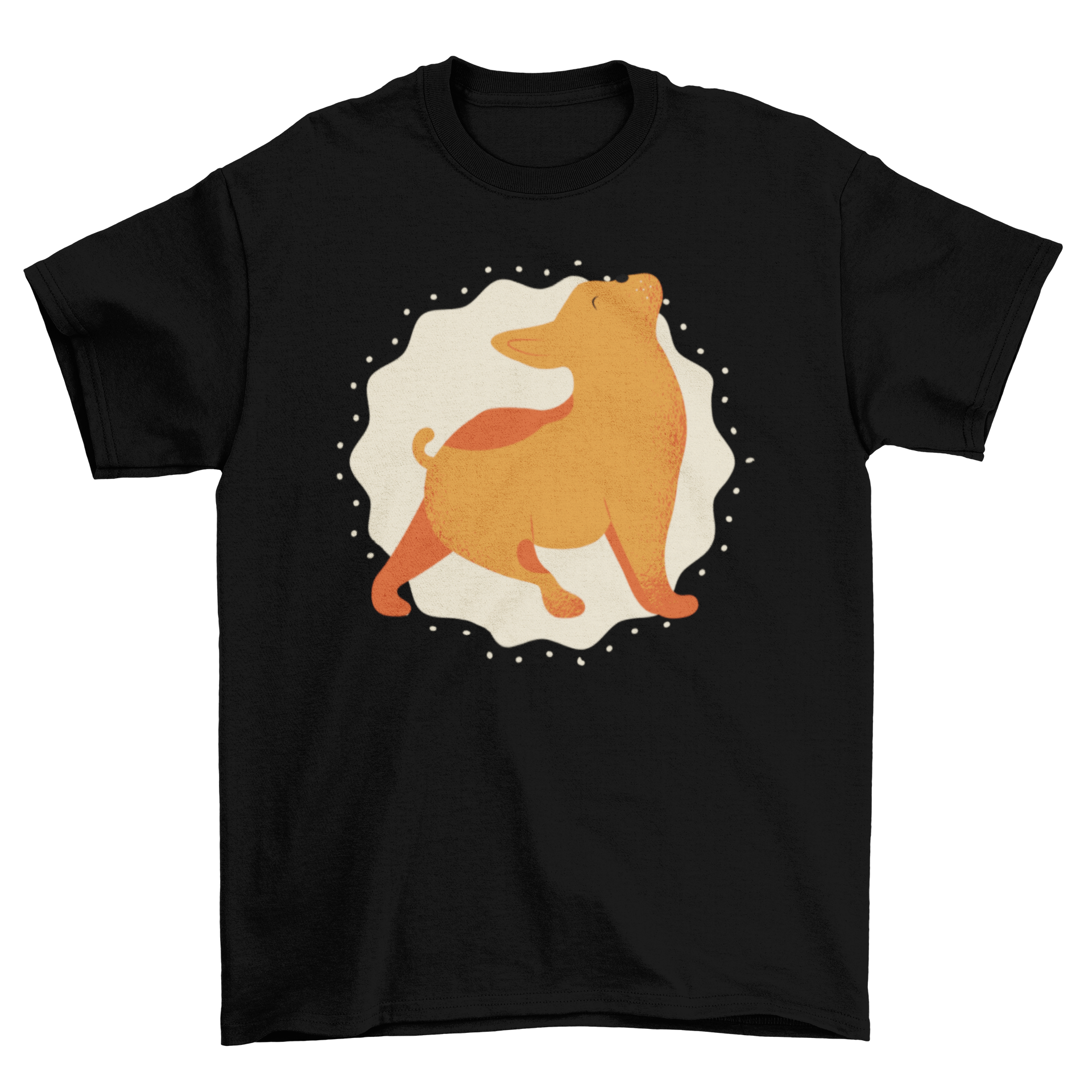 A stylish t-shirt featuring a dog doing yoga stretches against a wavy circle background with dots, perfect for dog lovers.