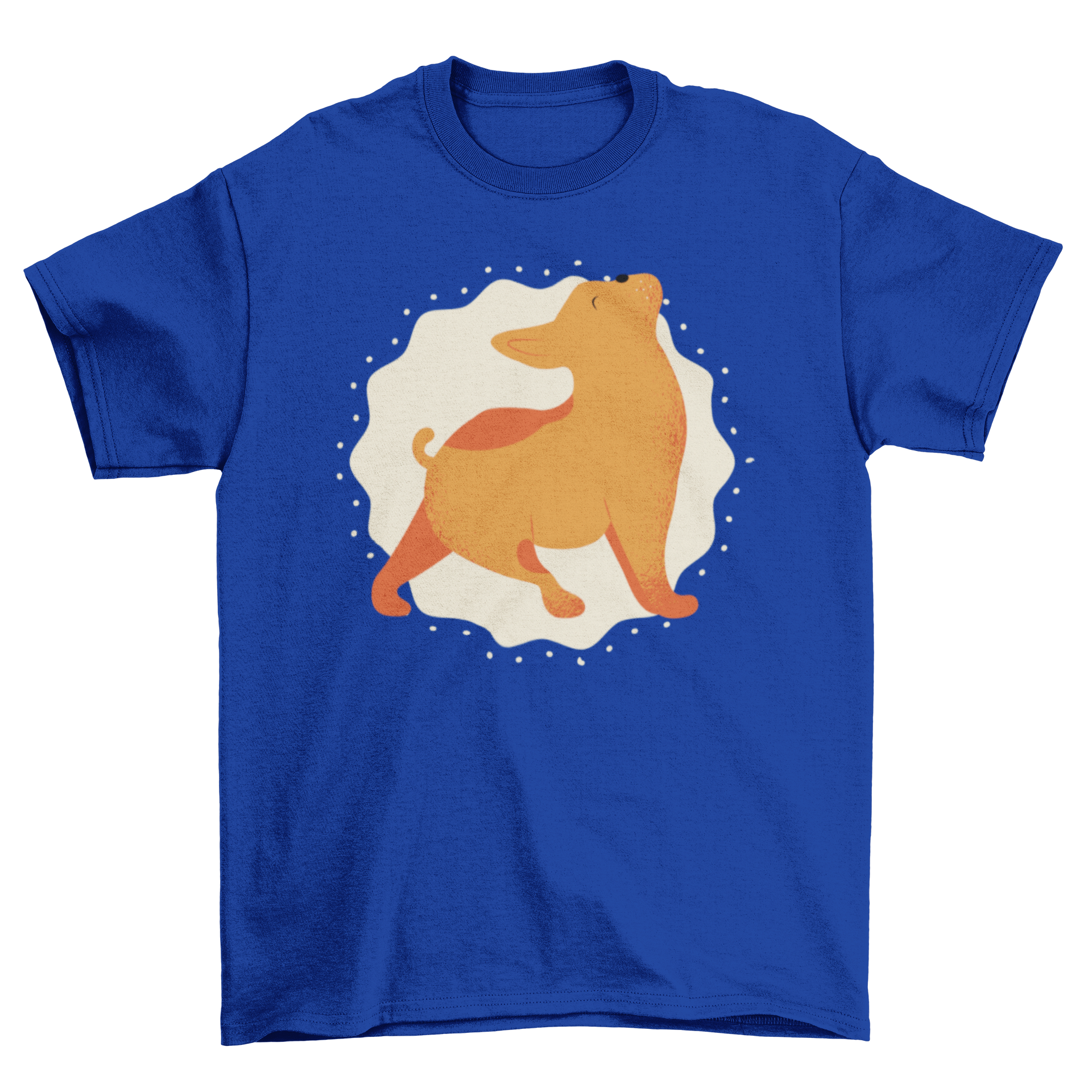 A stylish t-shirt featuring a dog doing yoga stretches against a wavy circle background with dots, perfect for dog lovers.