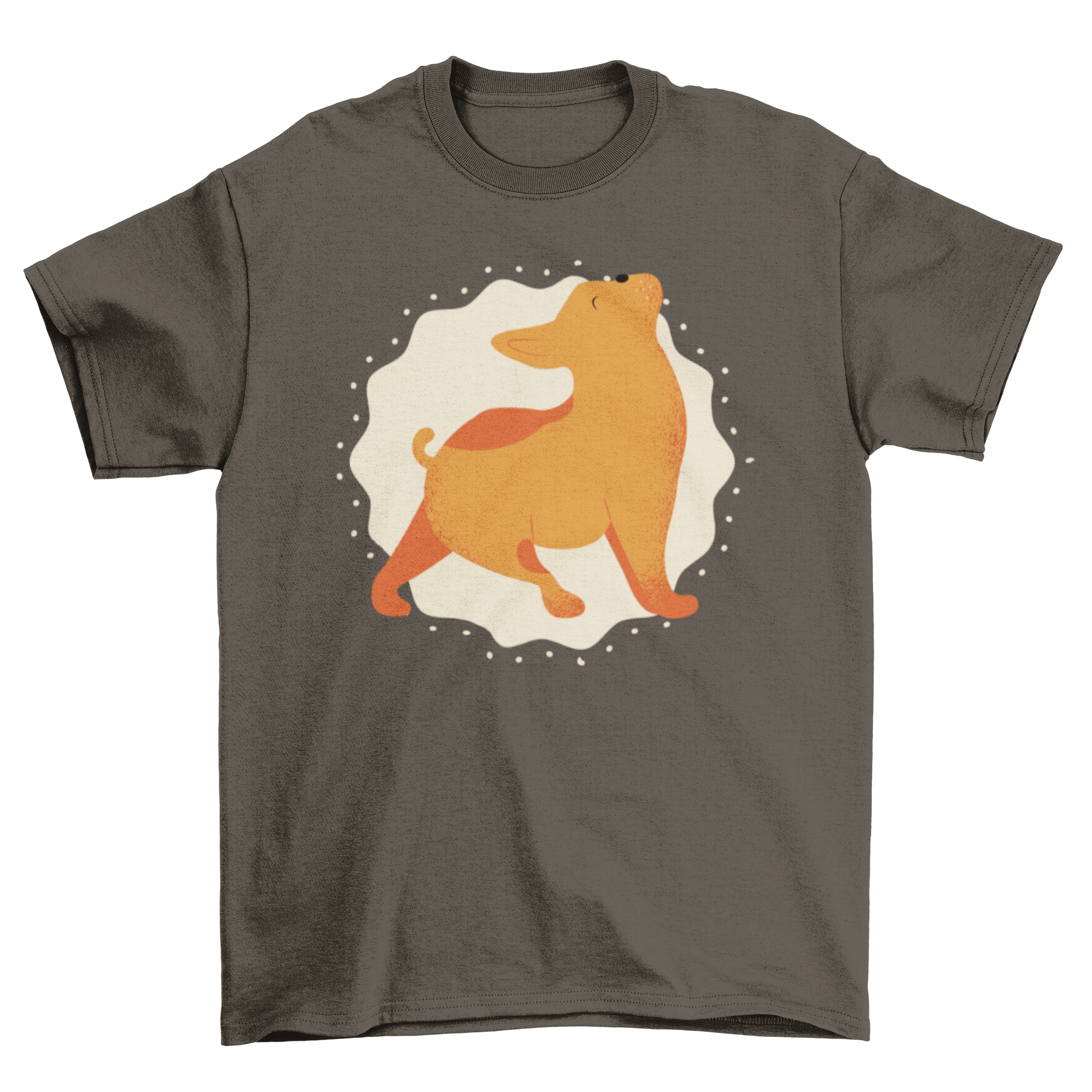 A stylish t-shirt featuring a dog doing yoga stretches against a wavy circle background with dots, perfect for dog lovers.