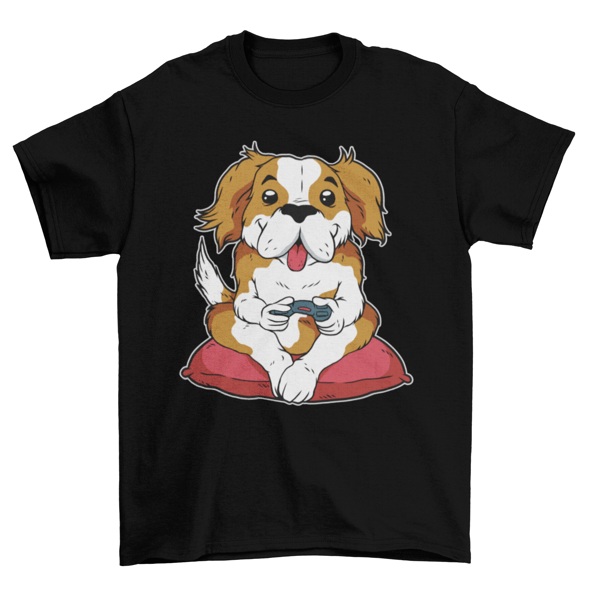 Dog Ragnar Gamer T-Shirt featuring a happy dog playing video games with a game console remote.