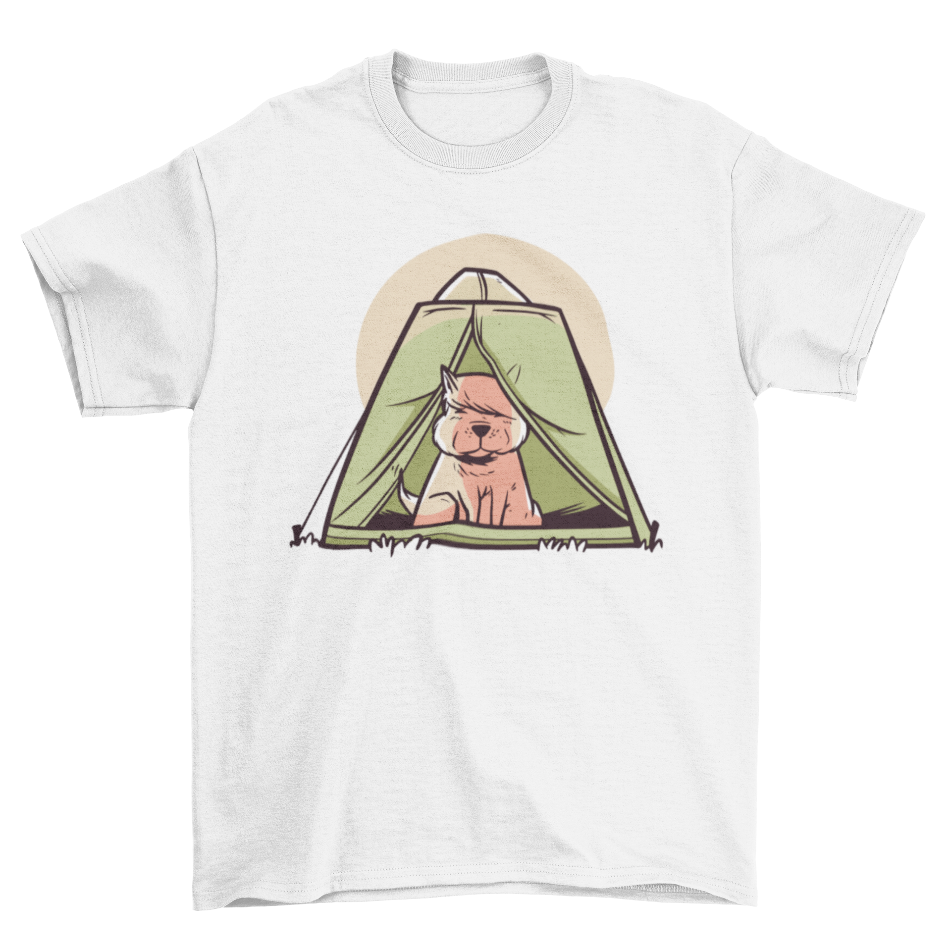 A small dog sitting inside a vibrant green camping tent, featured on a stylish t-shirt.