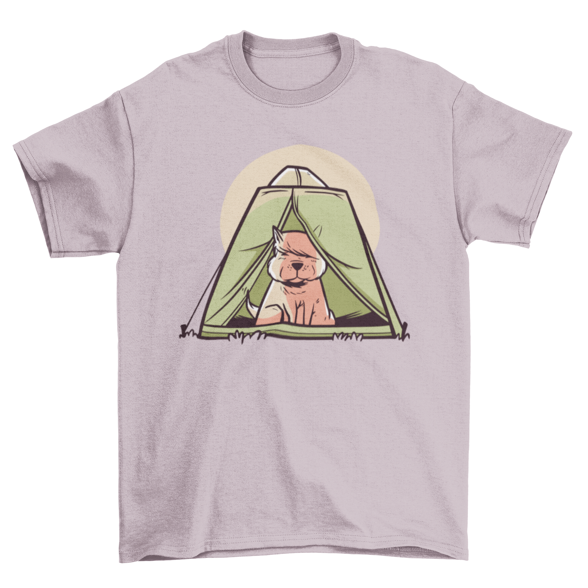 A small dog sitting inside a vibrant green camping tent, featured on a stylish t-shirt.