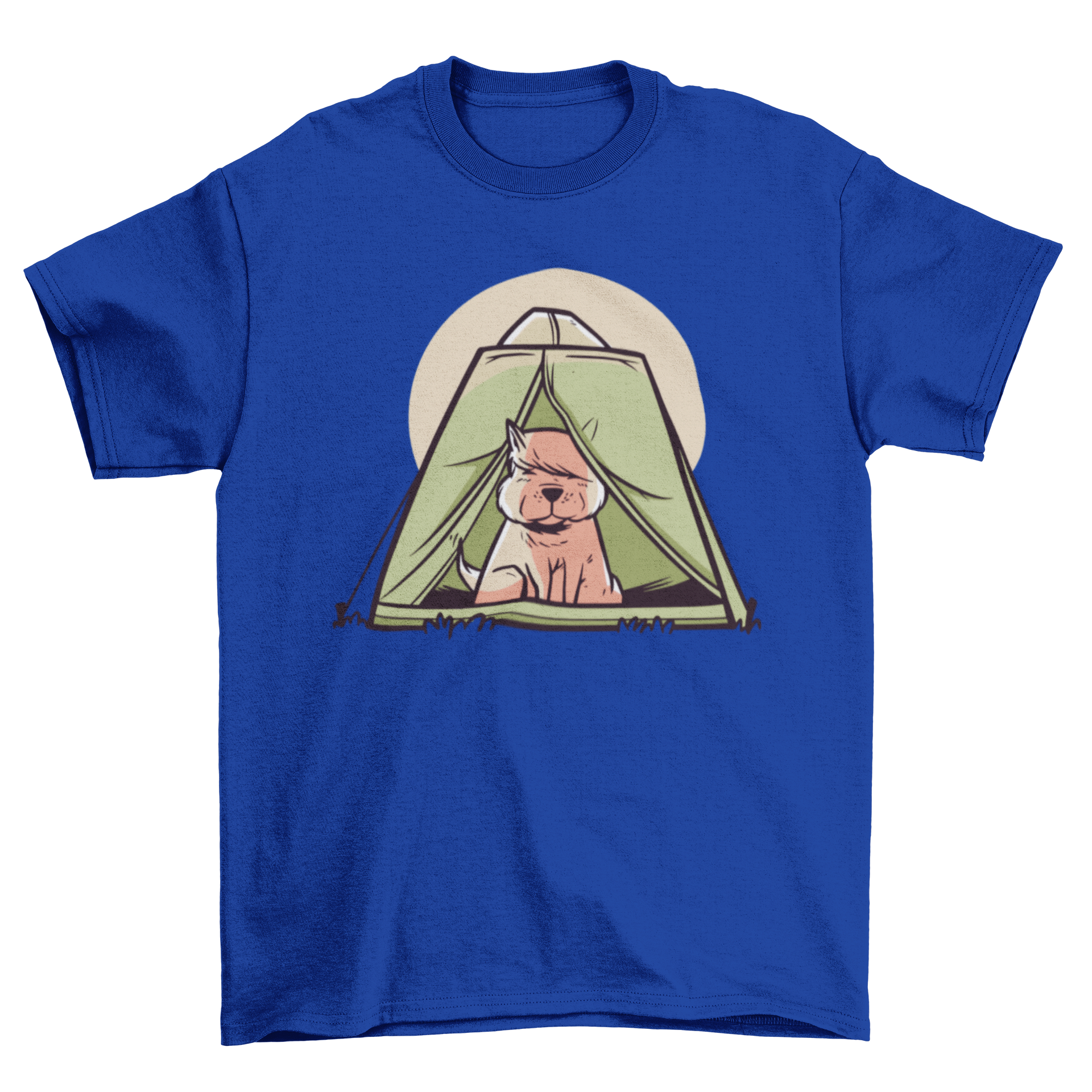 A small dog sitting inside a vibrant green camping tent, featured on a stylish t-shirt.