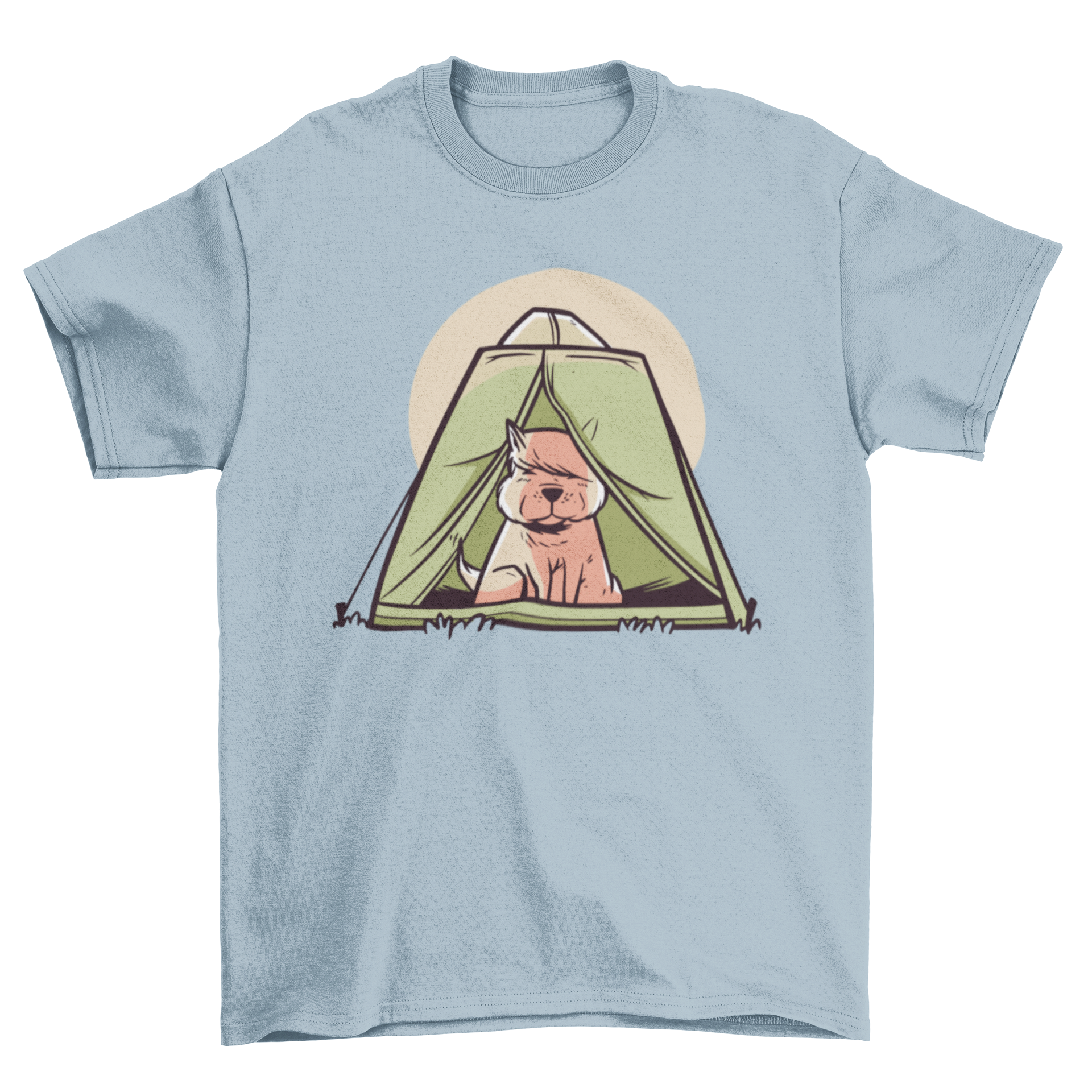 A small dog sitting inside a vibrant green camping tent, featured on a stylish t-shirt.