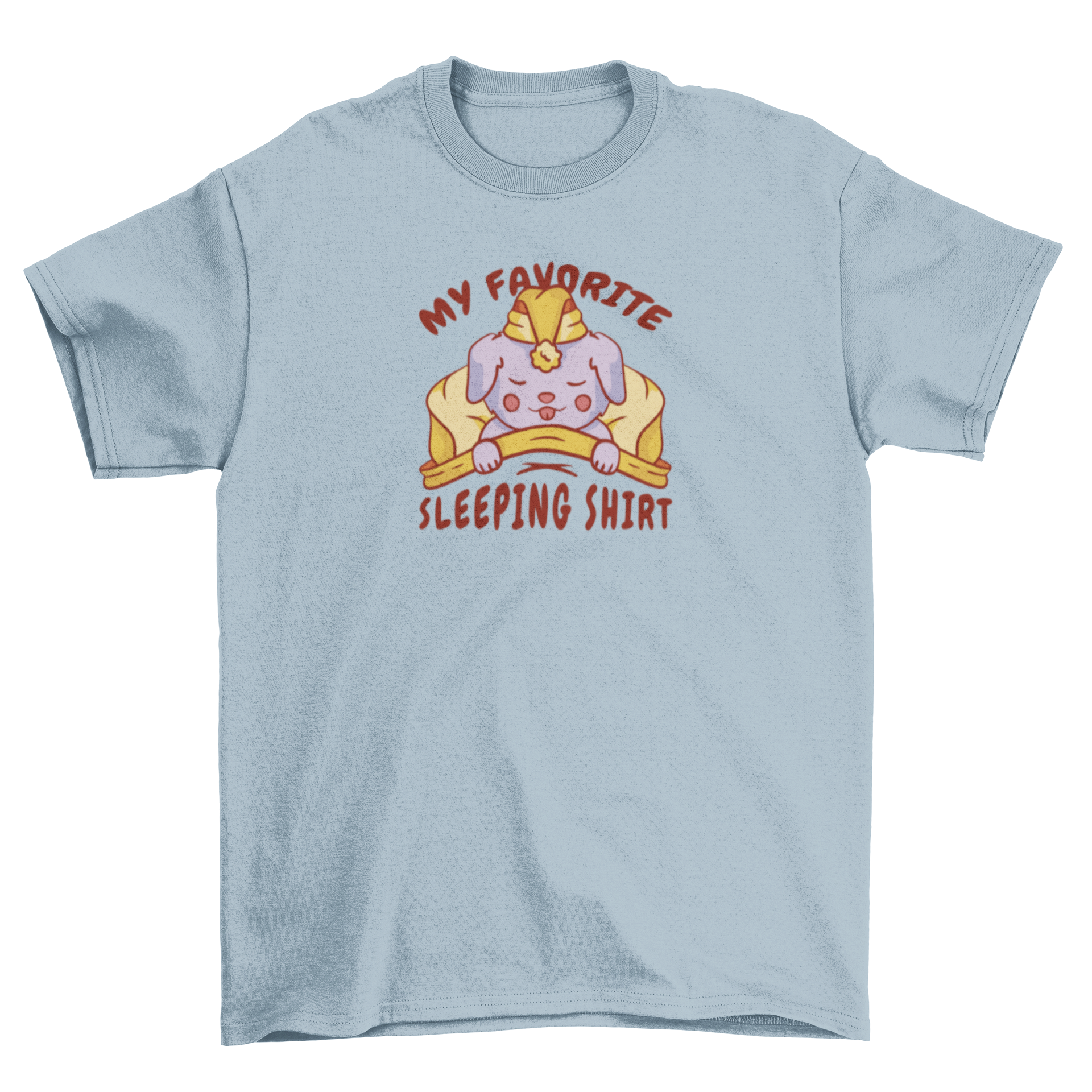 A cozy t-shirt featuring a cute dog sleeping in a bed with the quote 'My favorite sleeping shirt'.