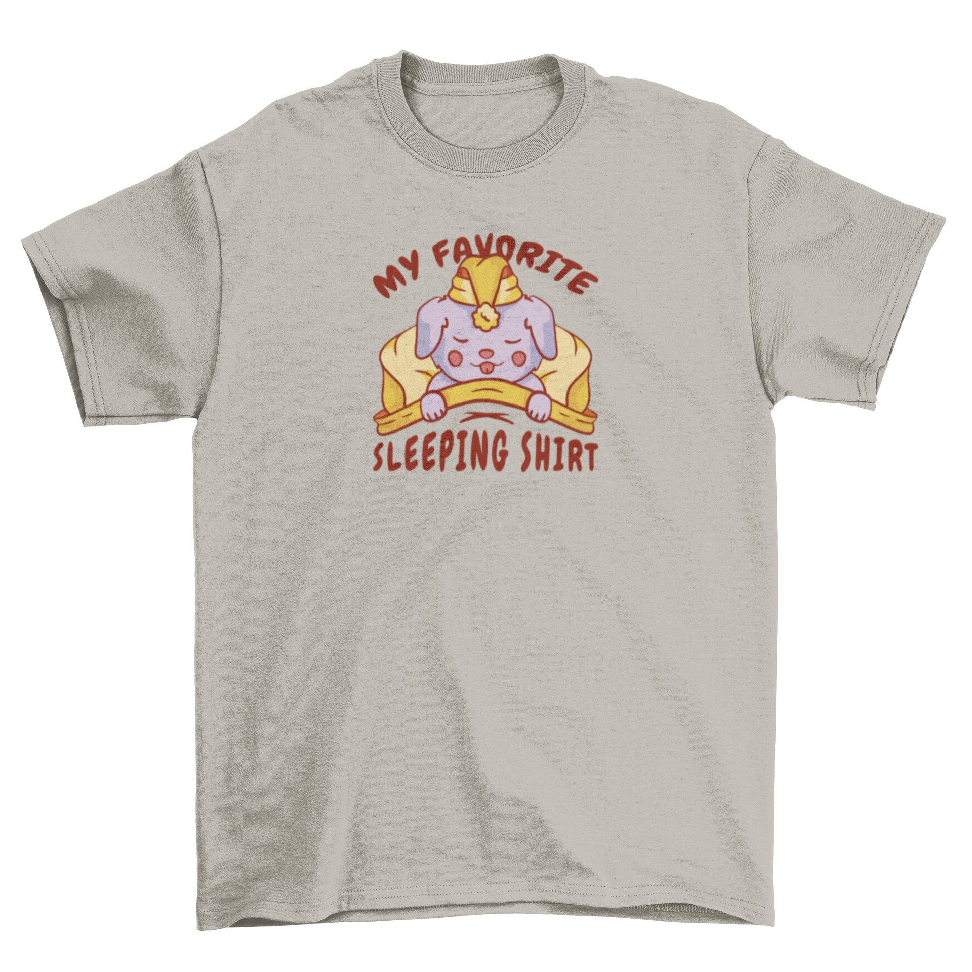 A cozy t-shirt featuring a cute dog sleeping in a bed with the quote 'My favorite sleeping shirt'.