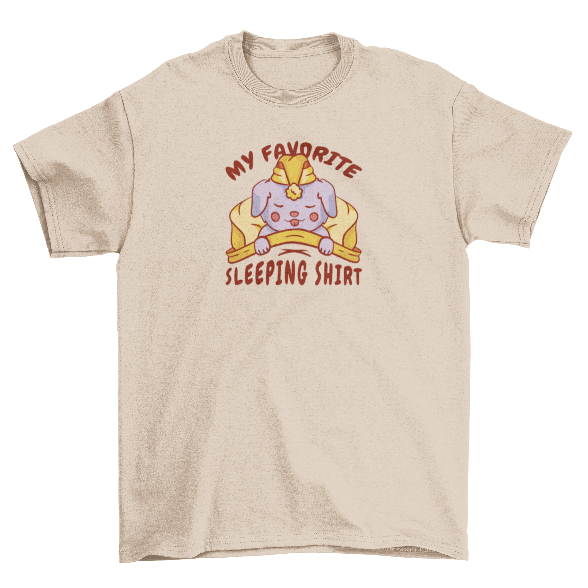 A cozy t-shirt featuring a cute dog sleeping in a bed with the quote 'My favorite sleeping shirt'.