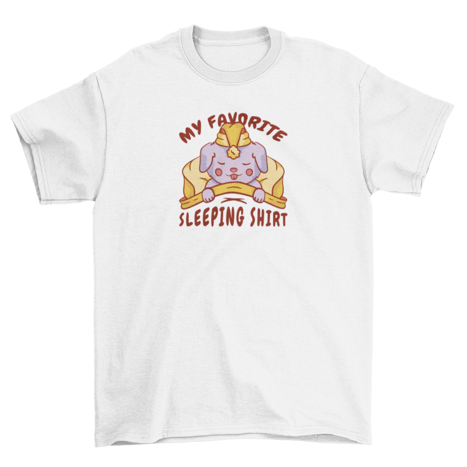 A cozy t-shirt featuring a cute dog sleeping in a bed with the quote 'My favorite sleeping shirt'.