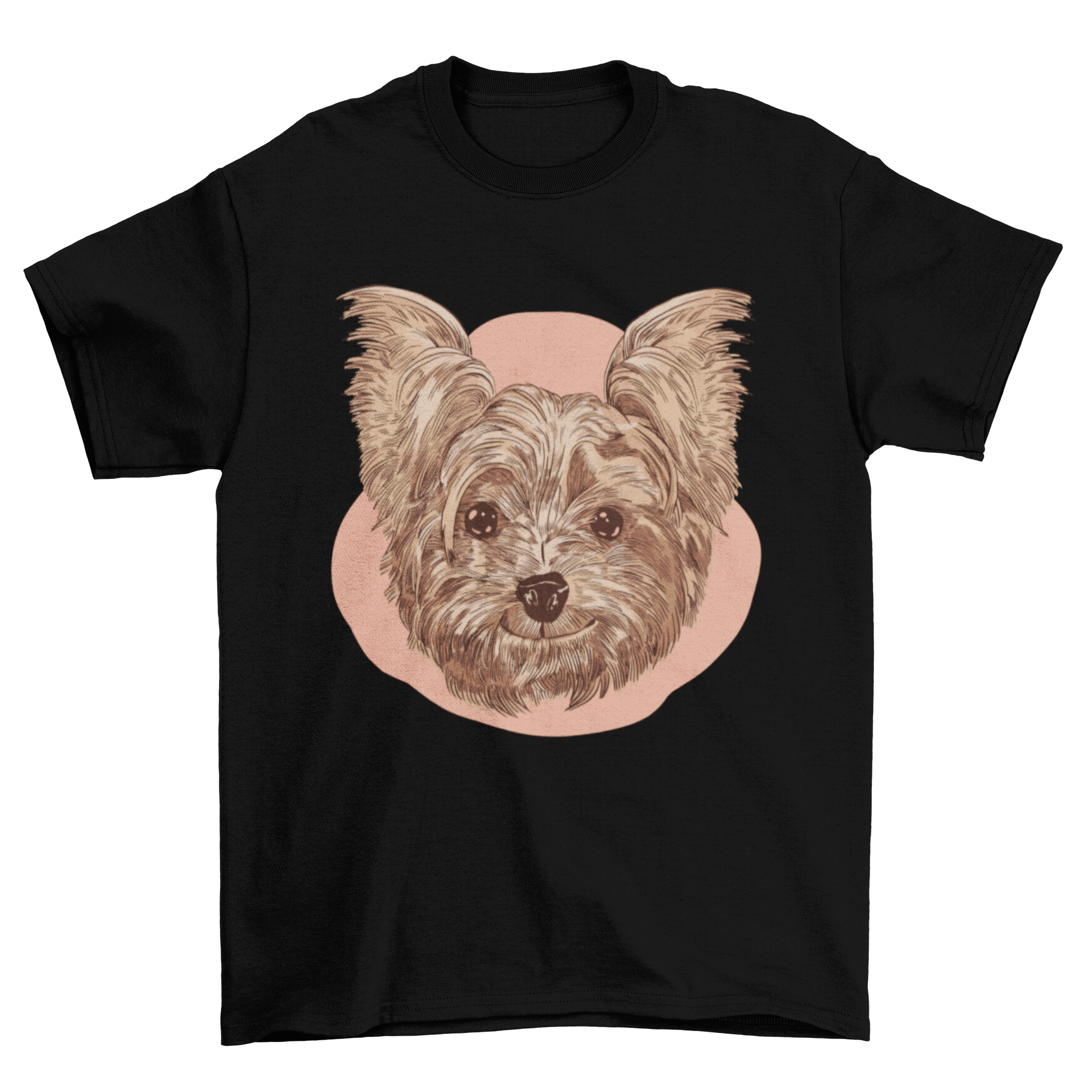 A cheerful Yorkshire dog smiling on a stylish t-shirt, perfect for dog lovers.