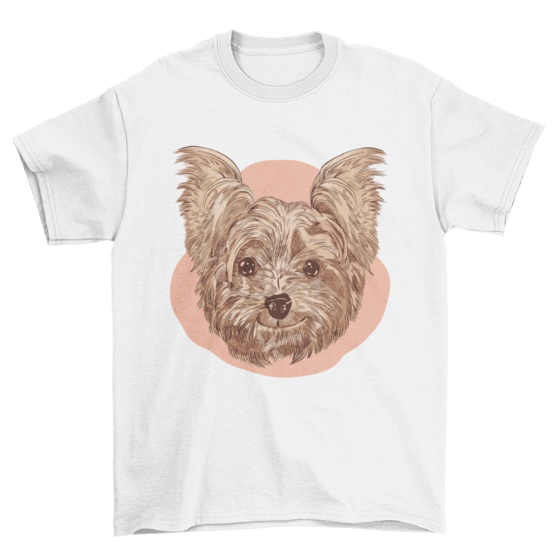 A cheerful Yorkshire dog smiling on a stylish t-shirt, perfect for dog lovers.