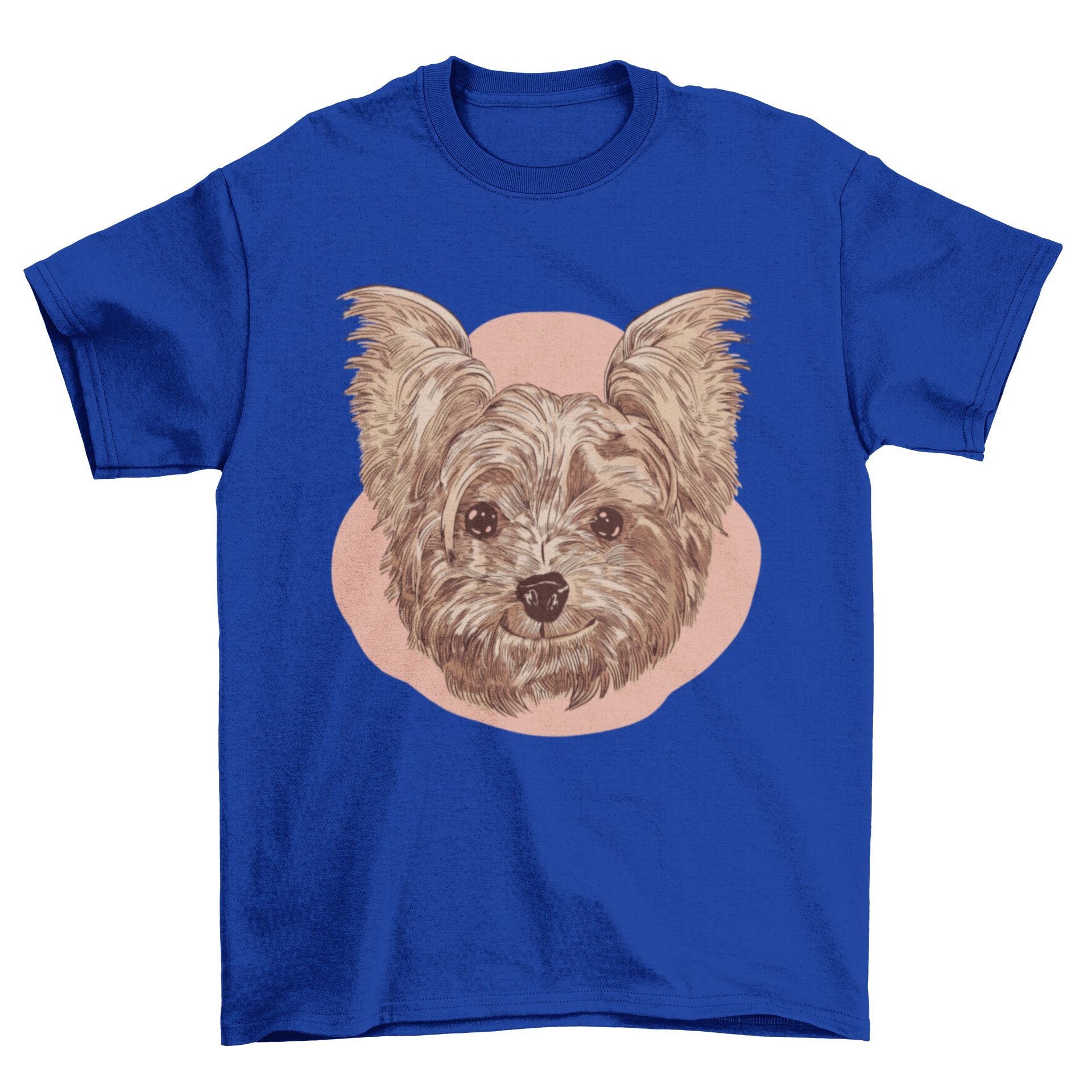 A cheerful Yorkshire dog smiling on a stylish t-shirt, perfect for dog lovers.