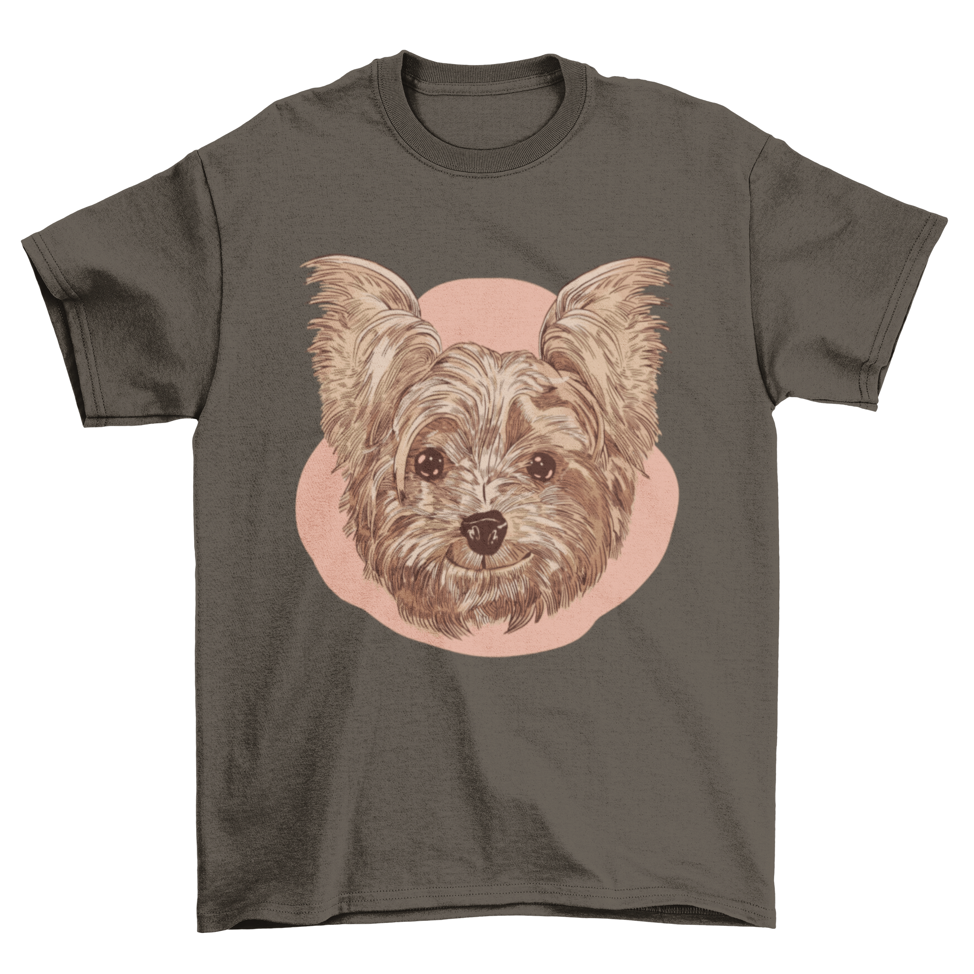 A cheerful Yorkshire dog smiling on a stylish t-shirt, perfect for dog lovers.