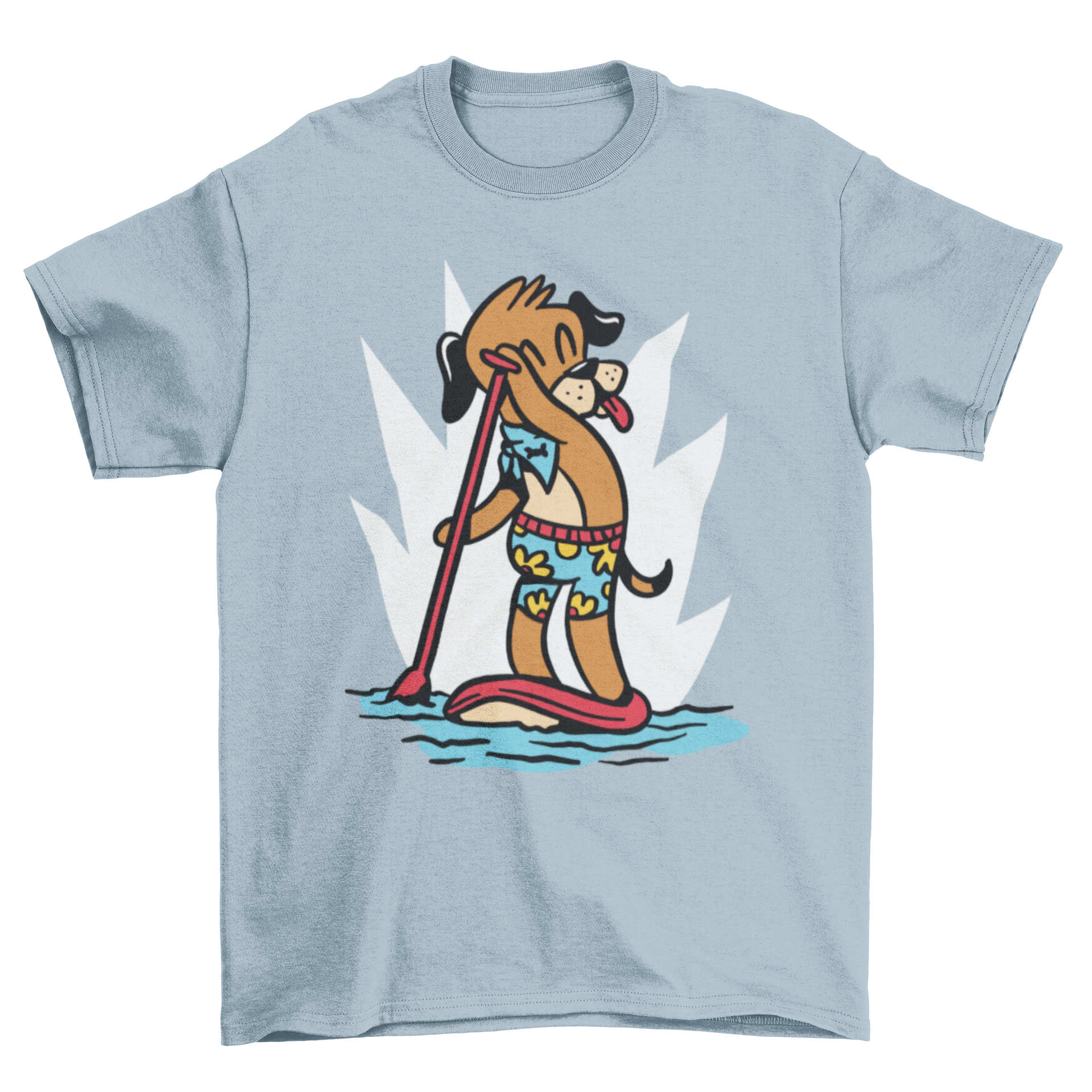 A playful t-shirt featuring a dog paddleboarding, showcasing a fun and adventurous design.