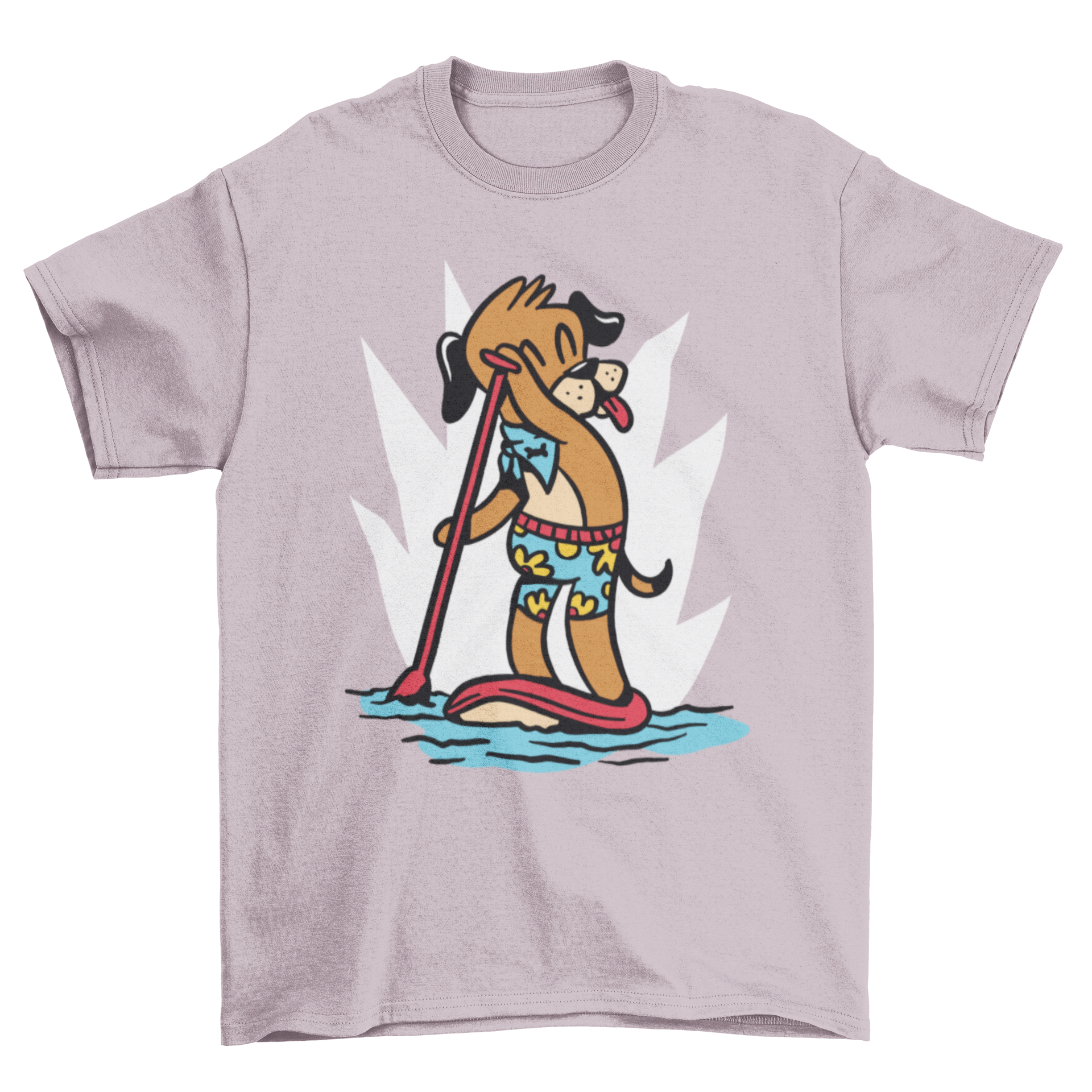 A playful t-shirt featuring a dog paddleboarding, showcasing a fun and adventurous design.