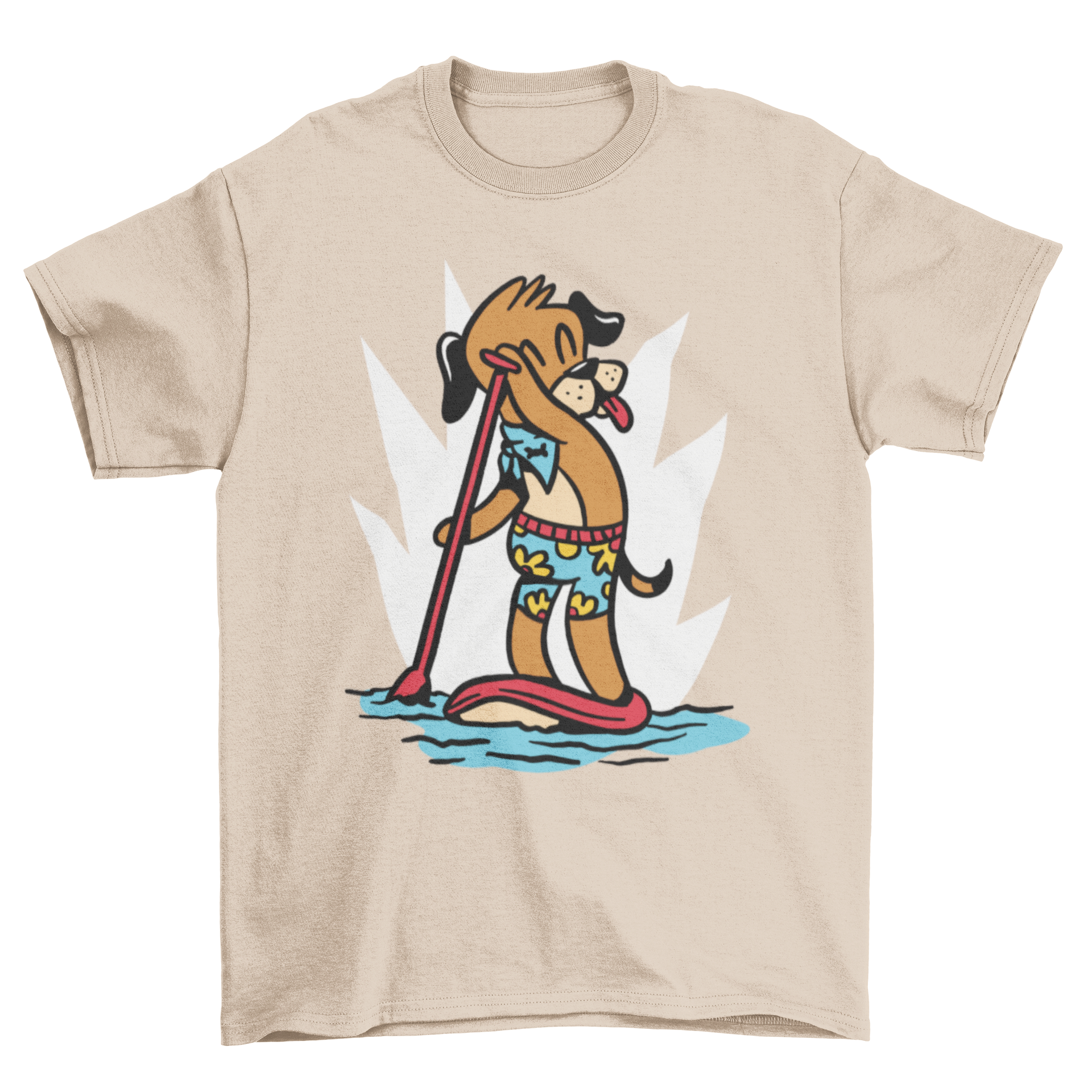 A playful t-shirt featuring a dog paddleboarding, showcasing a fun and adventurous design.