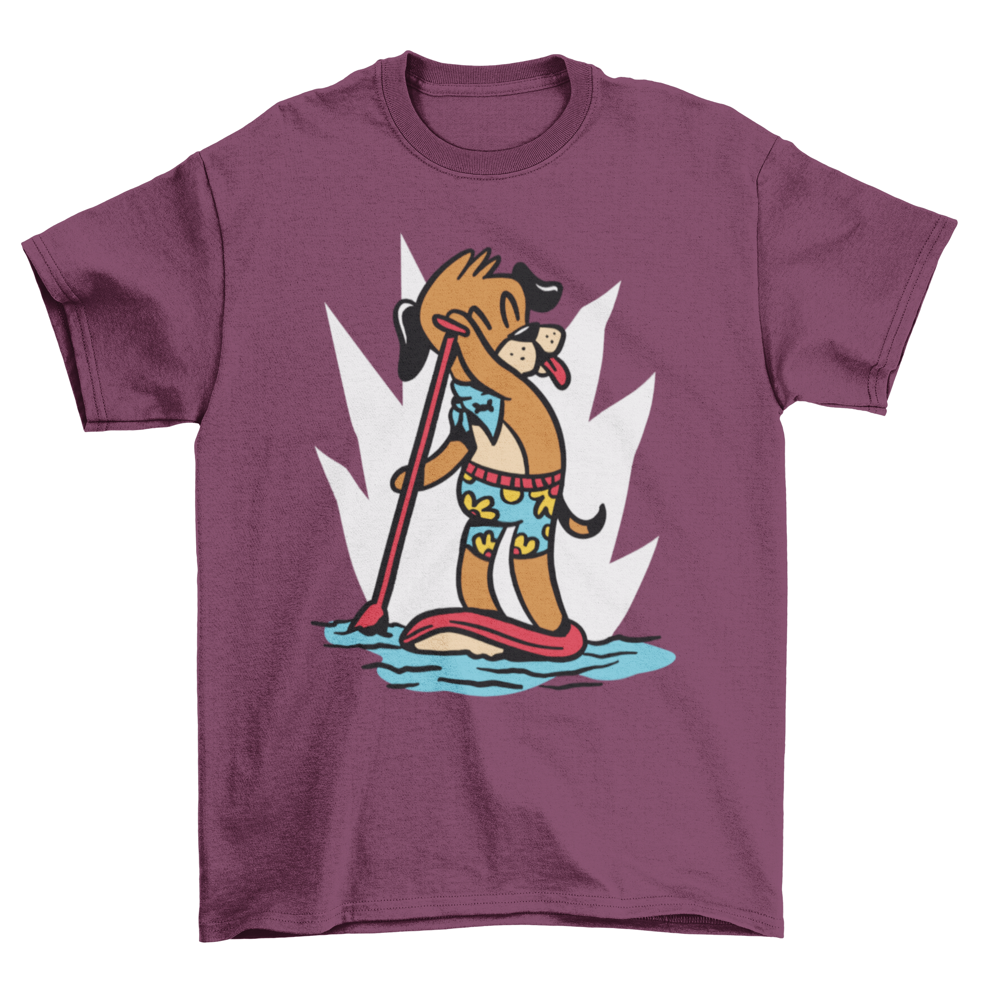 A playful t-shirt featuring a dog paddleboarding, showcasing a fun and adventurous design.