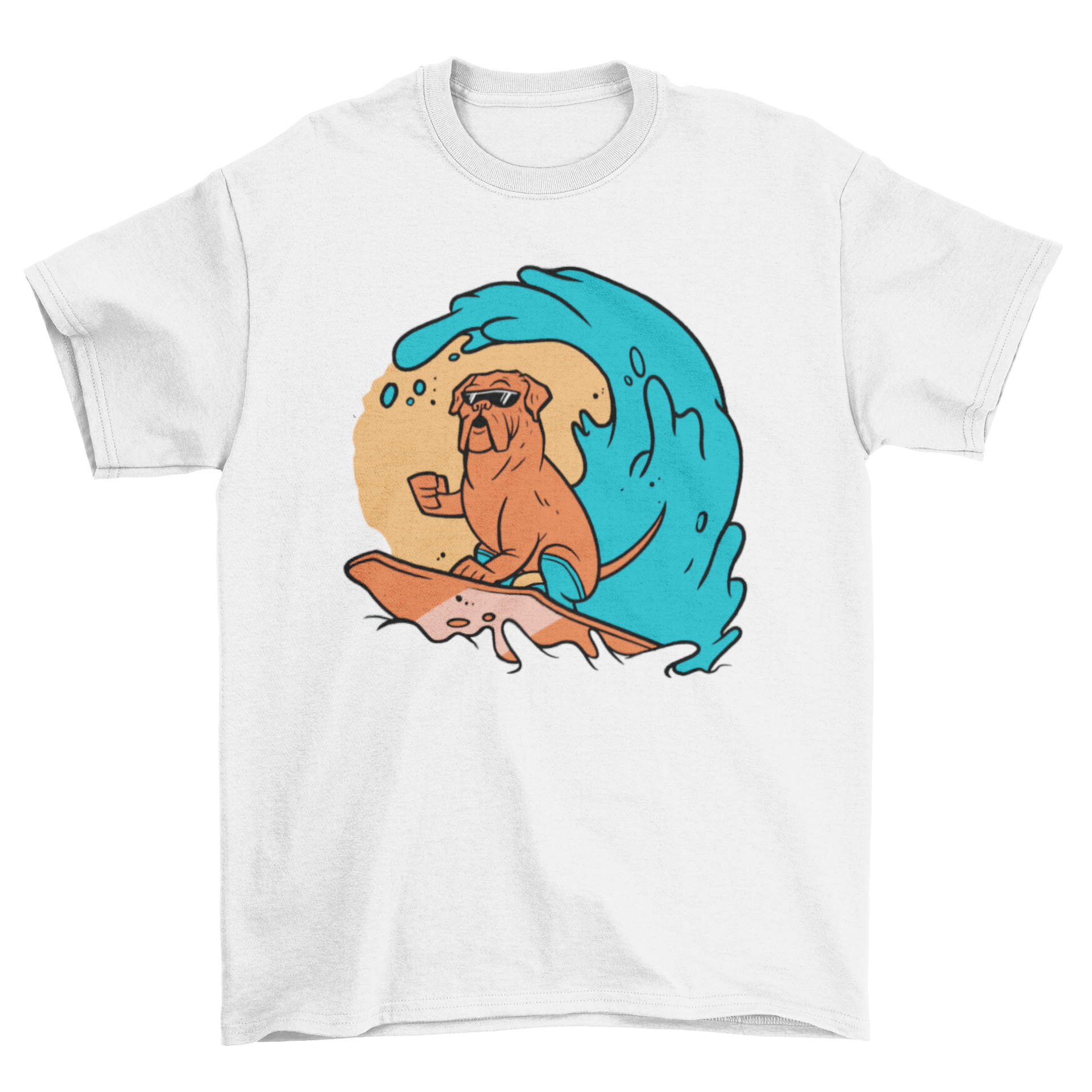 A vibrant t-shirt featuring a playful dog surfing on a wave, showcasing a fun and adventurous design.