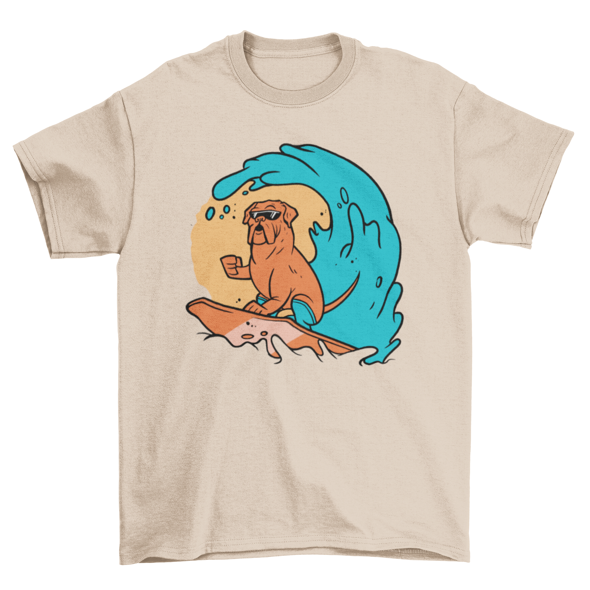 A vibrant t-shirt featuring a playful dog surfing on a wave, showcasing a fun and adventurous design.