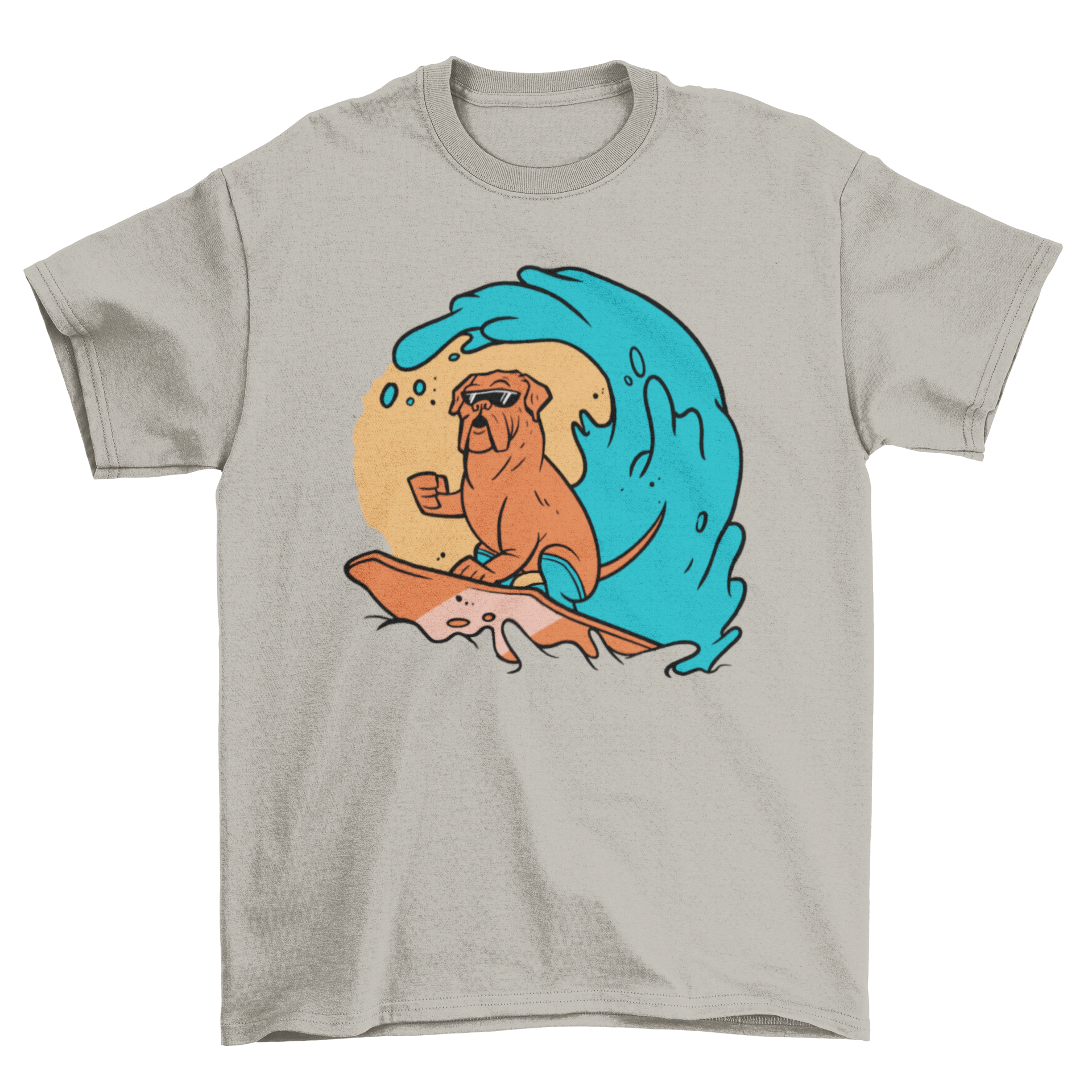 A vibrant t-shirt featuring a playful dog surfing on a wave, showcasing a fun and adventurous design.