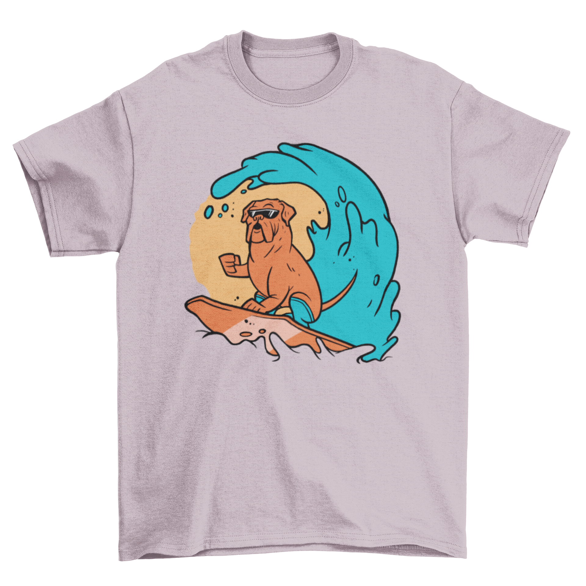 A vibrant t-shirt featuring a playful dog surfing on a wave, showcasing a fun and adventurous design.