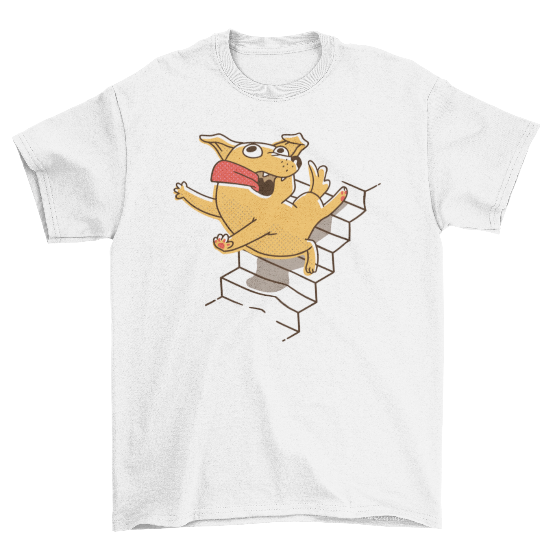 A humorous t-shirt featuring a cartoon dog falling down stairs, showcasing a playful design for dog lovers.