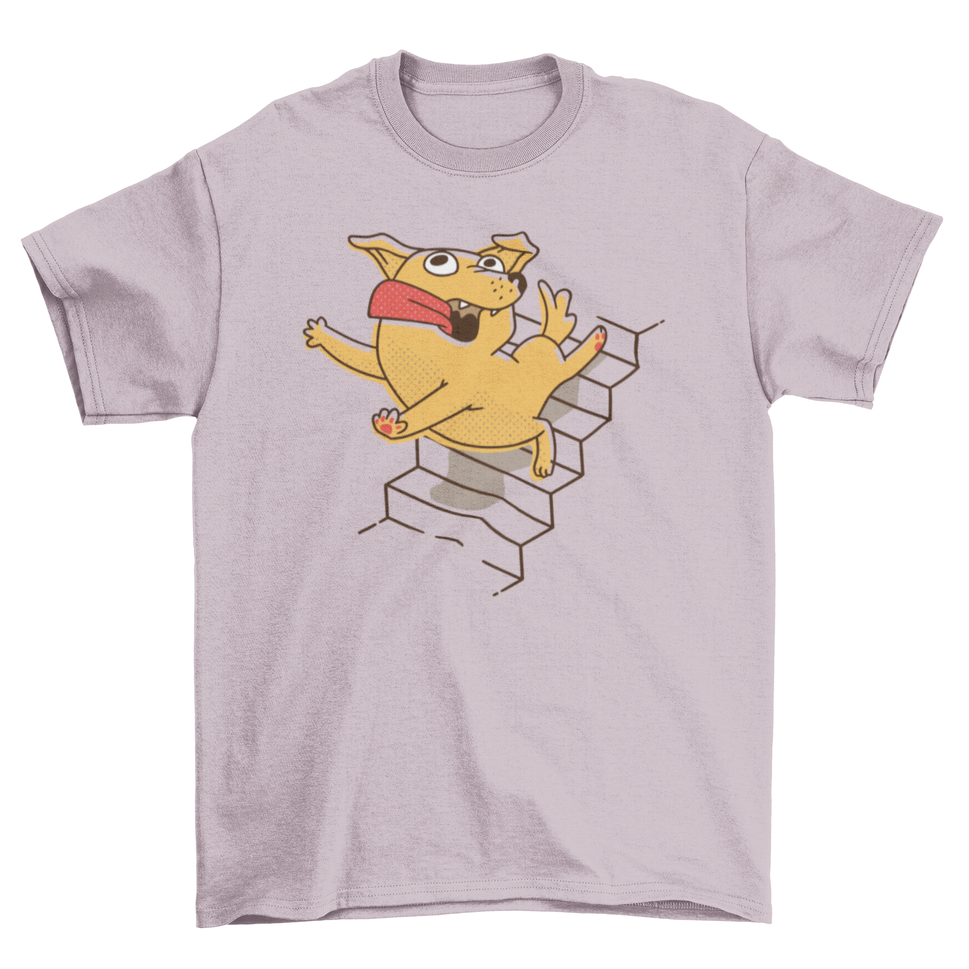 A humorous t-shirt featuring a cartoon dog falling down stairs, showcasing a playful design for dog lovers.