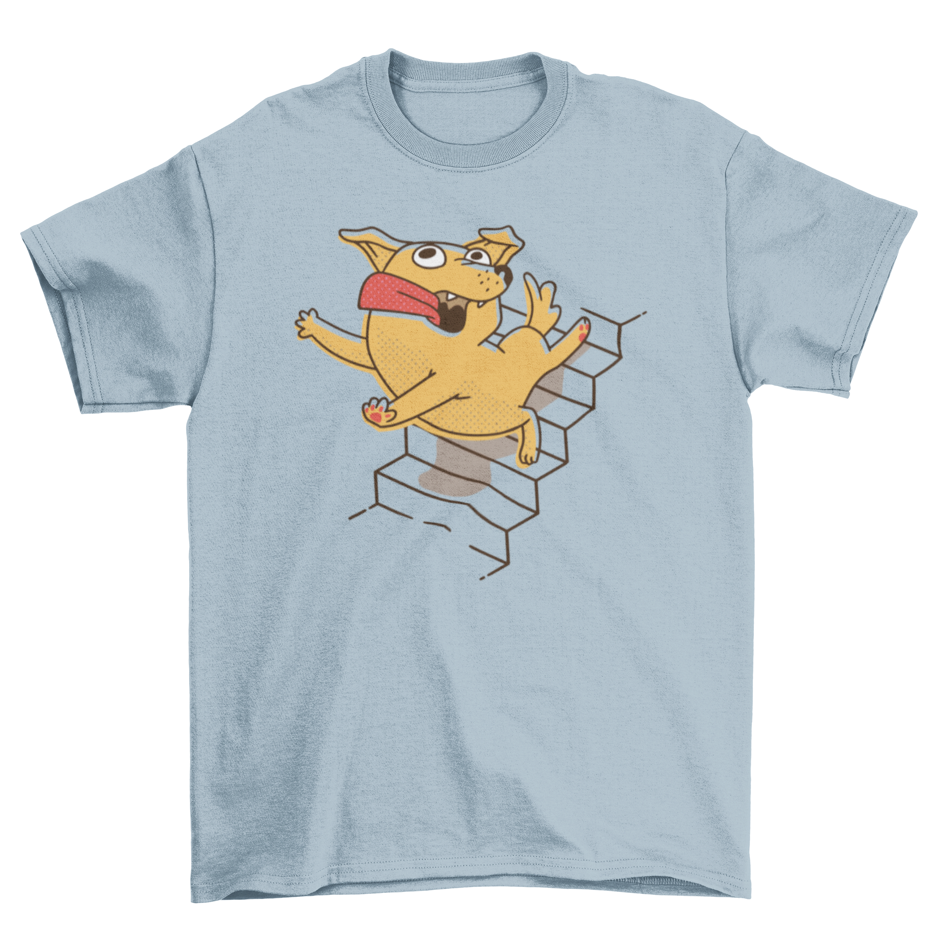 A humorous t-shirt featuring a cartoon dog falling down stairs, showcasing a playful design for dog lovers.