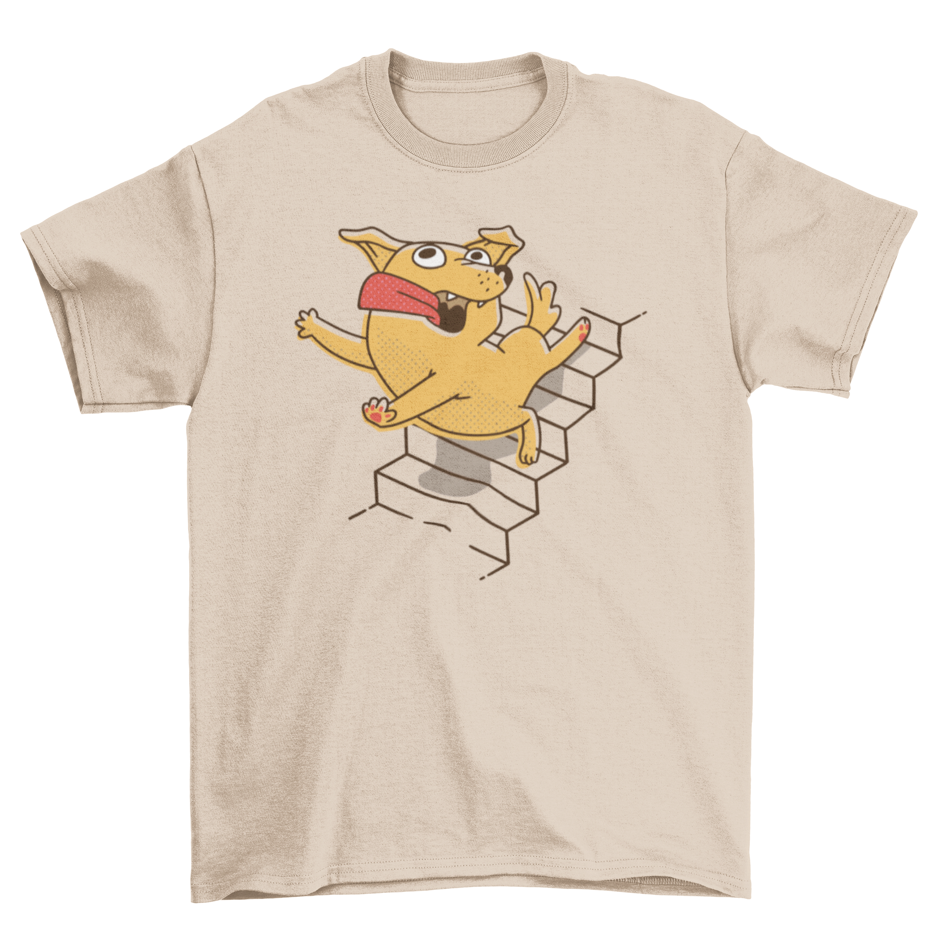 A humorous t-shirt featuring a cartoon dog falling down stairs, showcasing a playful design for dog lovers.