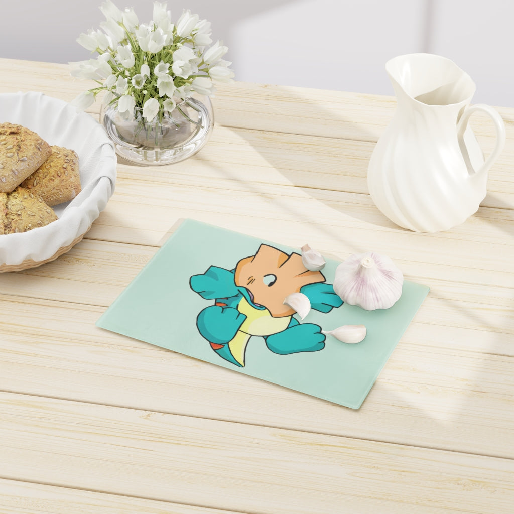 Dogat Cutting Board made of tempered glass with rubber dots for stability, showcasing a personalized design.