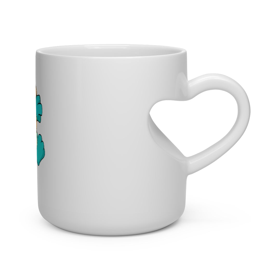 A white ceramic heart-shaped mug with a heart-shaped handle, perfect for hot beverages.