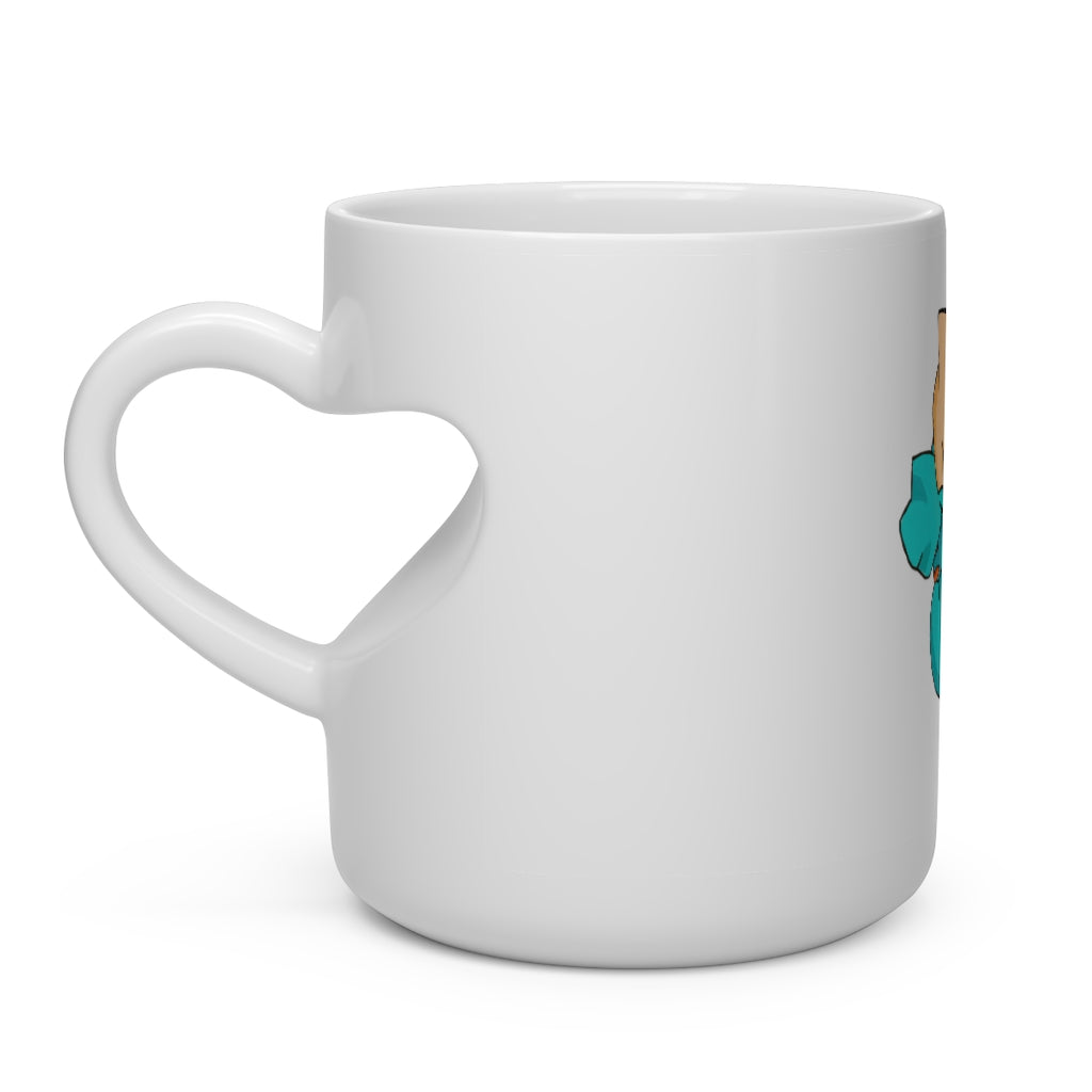 A white ceramic heart-shaped mug with a heart-shaped handle, perfect for hot beverages.