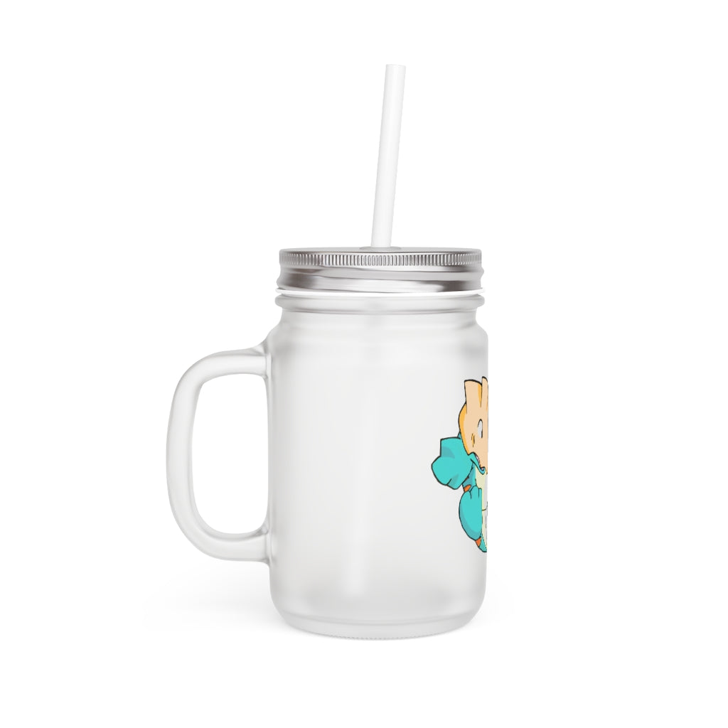 A stylish Dogat Mason Jar made of frosted glass, featuring a straw and lid, perfect for personalized drinks.