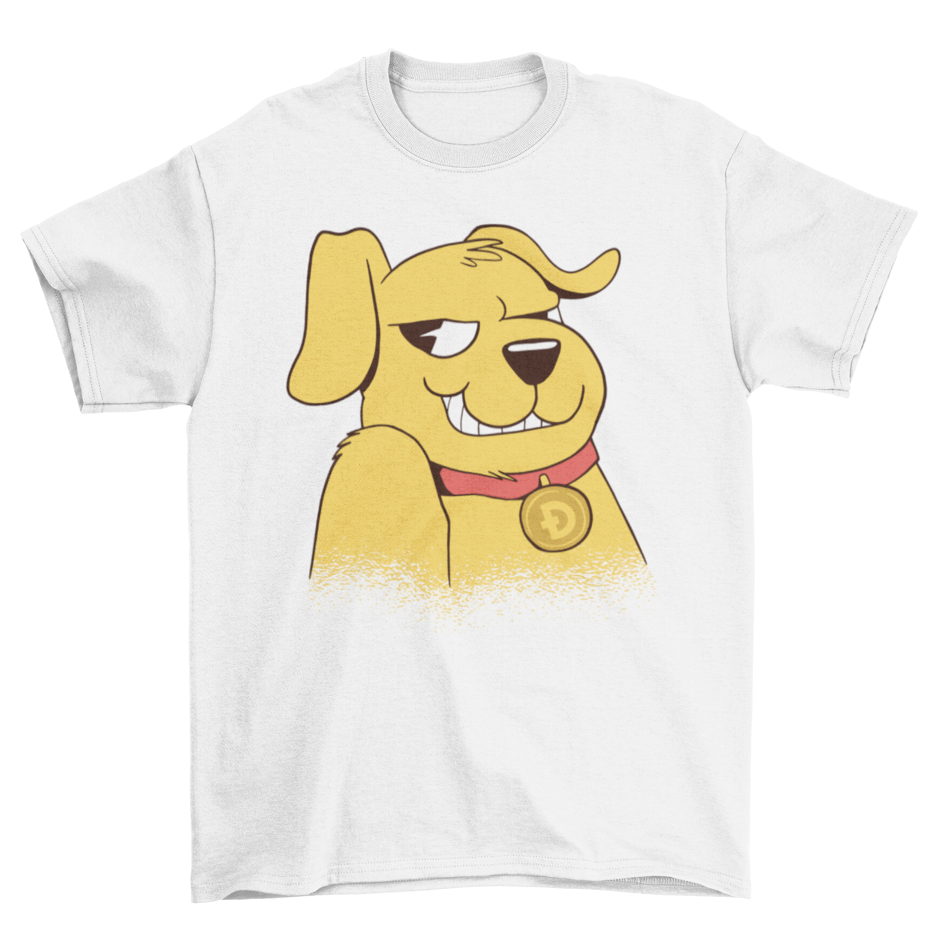 A stylish t-shirt featuring a dog wearing a collar with the Dogecoin logo, perfect for dog lovers and cryptocurrency enthusiasts.