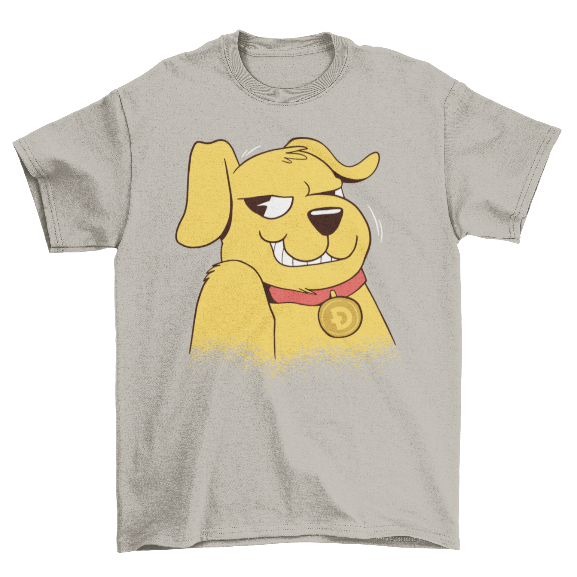 A stylish t-shirt featuring a dog wearing a collar with the Dogecoin logo, perfect for dog lovers and cryptocurrency enthusiasts.