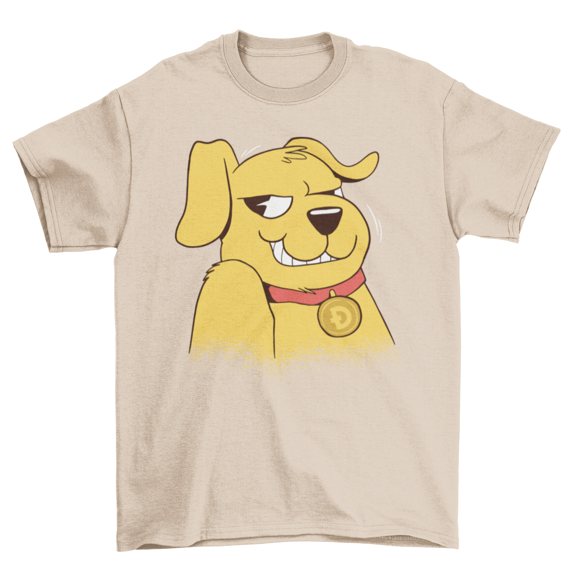 A stylish t-shirt featuring a dog wearing a collar with the Dogecoin logo, perfect for dog lovers and cryptocurrency enthusiasts.