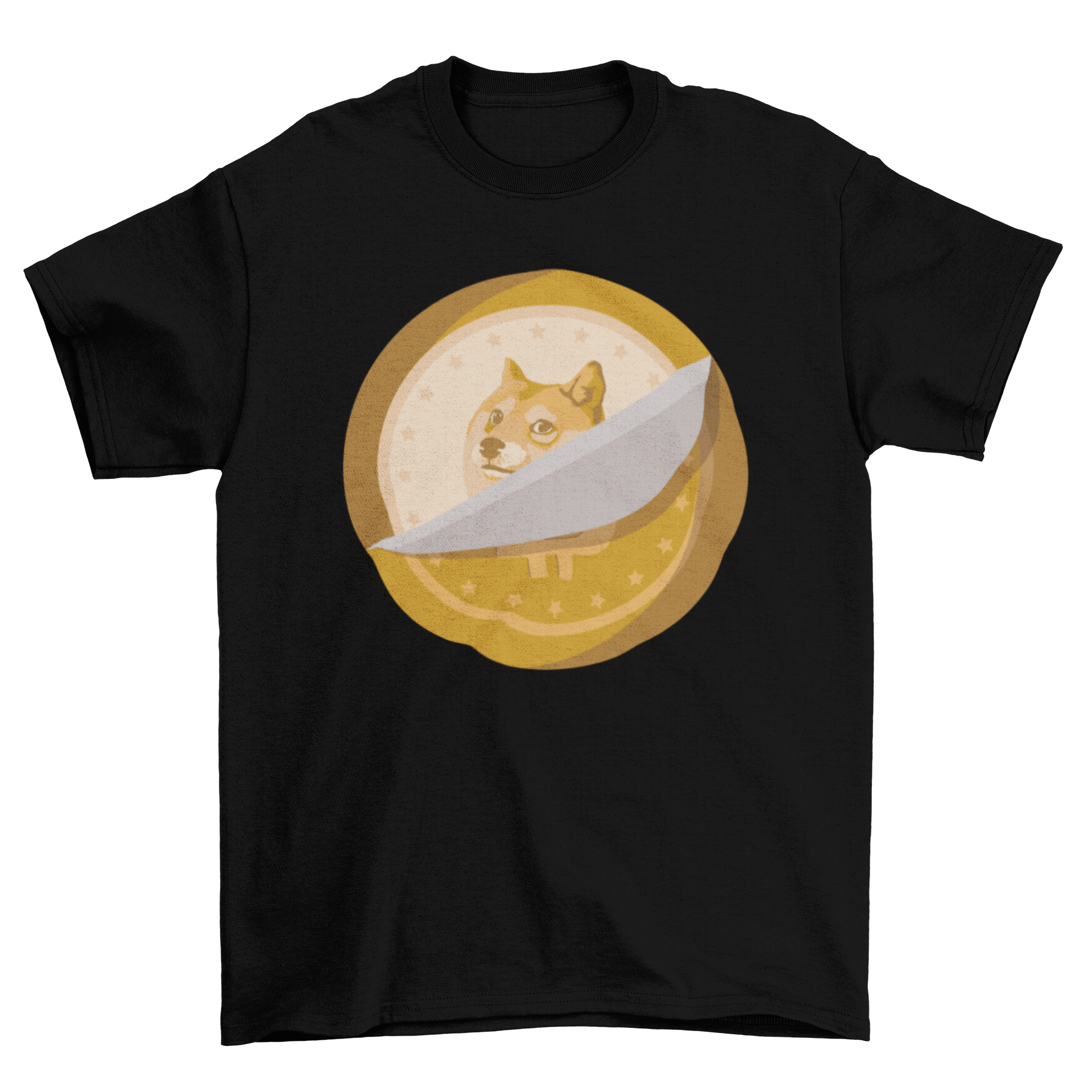 A stylish Dogecoin t-shirt featuring a graphic of a peeled Bitcoin revealing Dogecoin behind it.