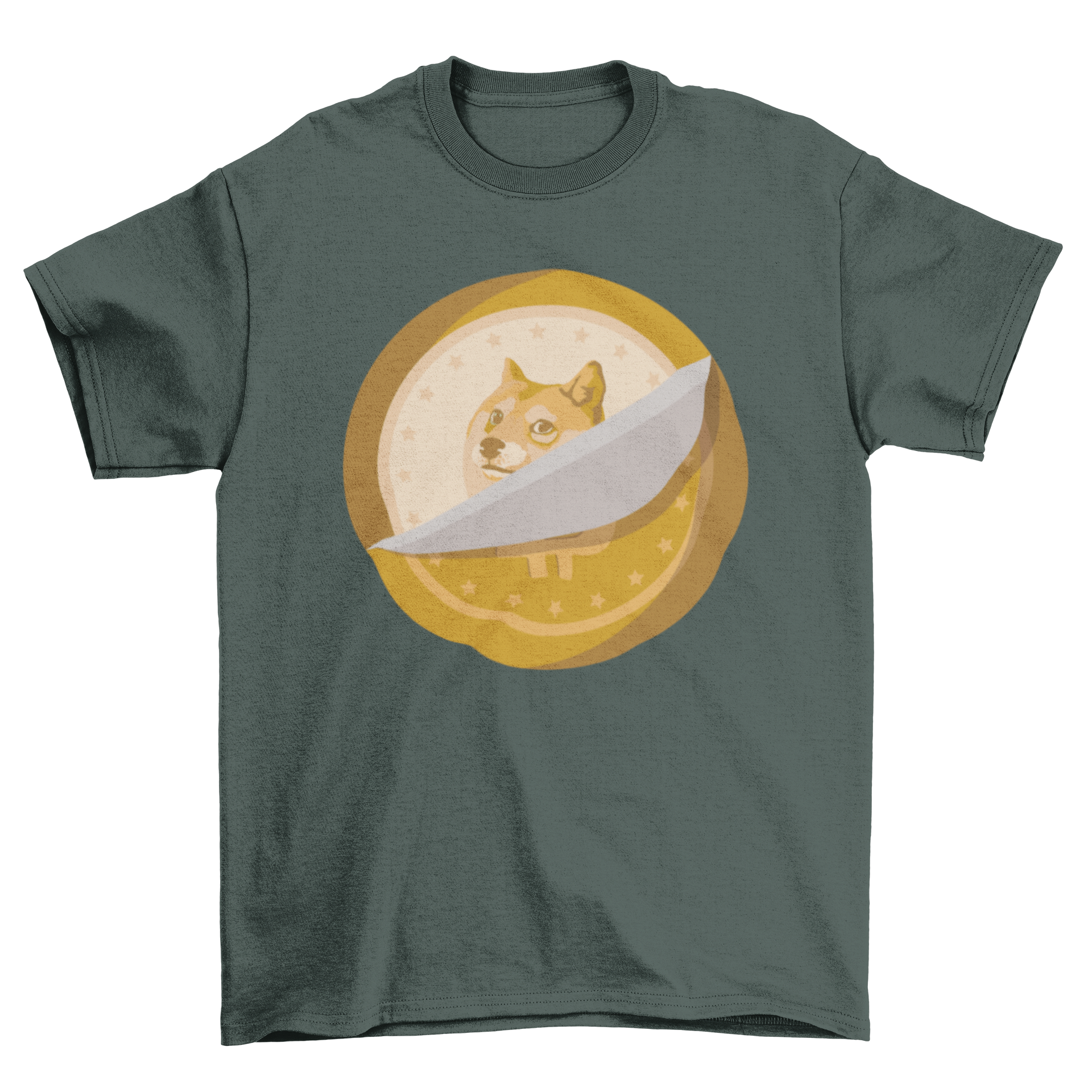 A stylish Dogecoin t-shirt featuring a graphic of a peeled Bitcoin revealing Dogecoin behind it.