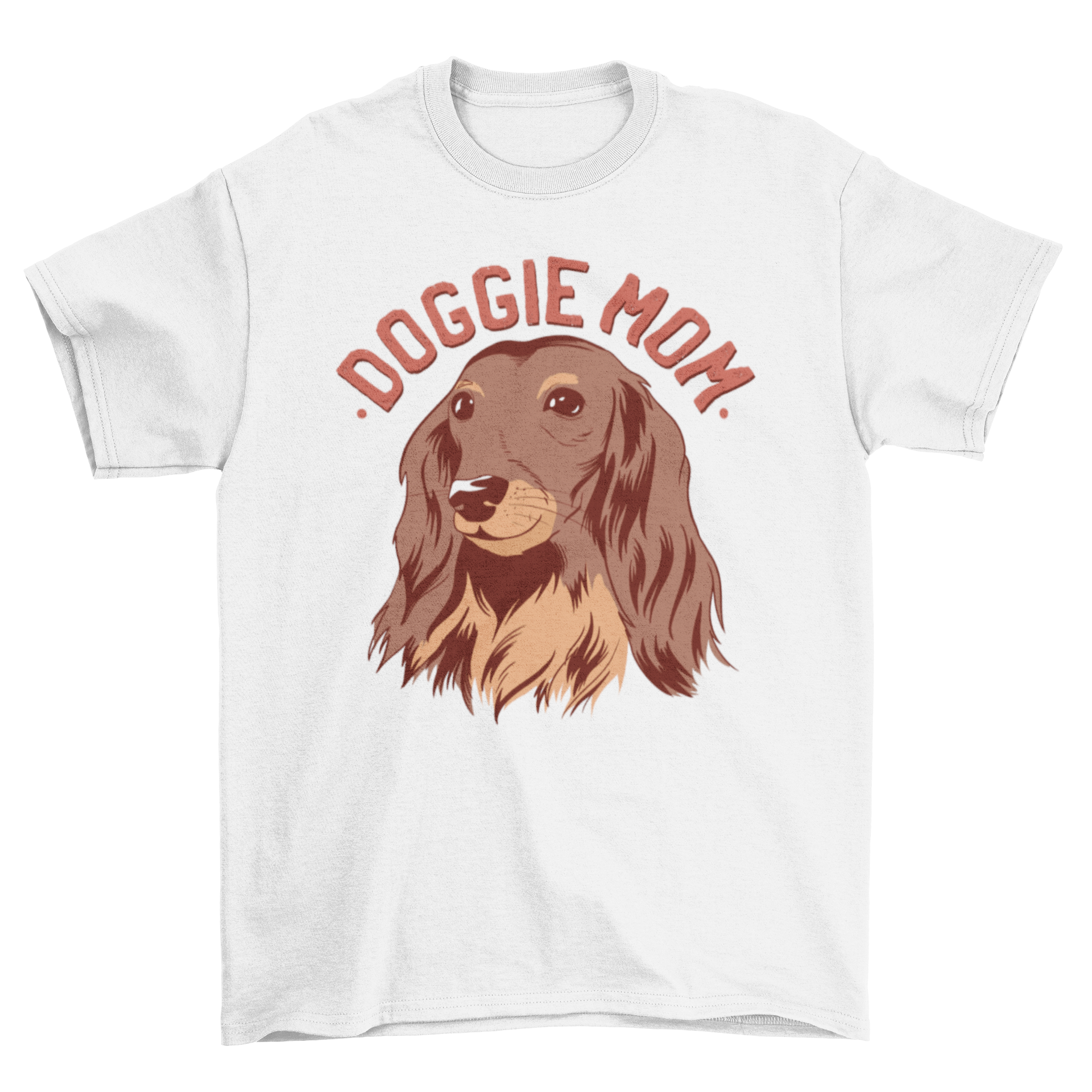 Doggie Mom Text T-shirt featuring a long-haired Dachshund design and the quote 'DOGGIE MOM'.