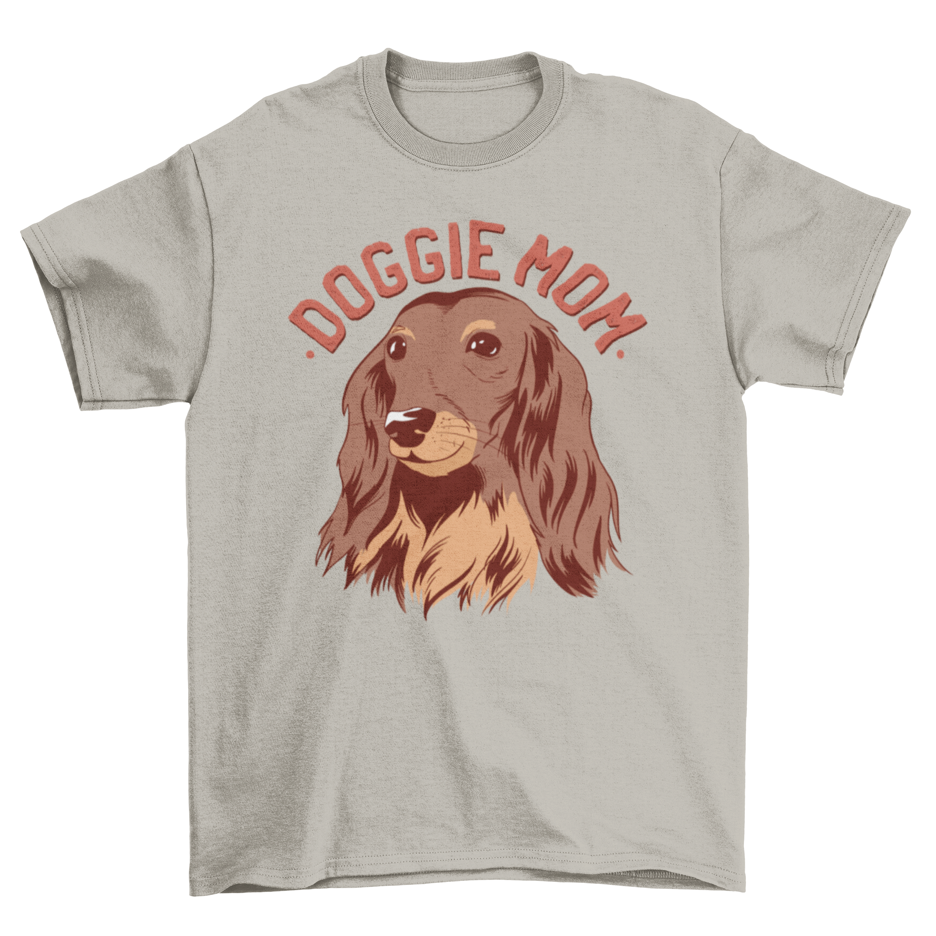 Doggie Mom Text T-shirt featuring a long-haired Dachshund design and the quote 'DOGGIE MOM'.