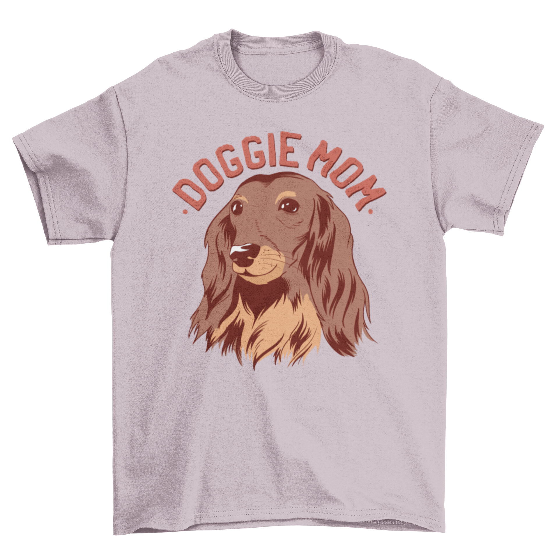 Doggie Mom Text T-shirt featuring a long-haired Dachshund design and the quote 'DOGGIE MOM'.