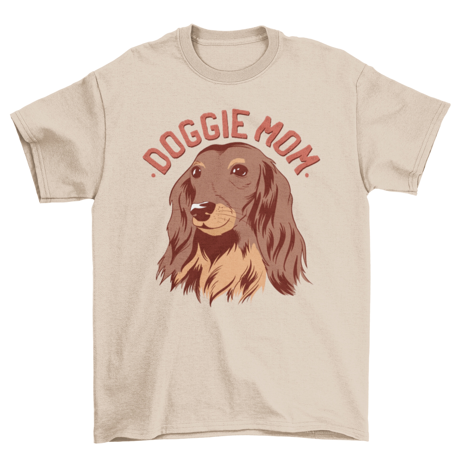 Doggie Mom Text T-shirt featuring a long-haired Dachshund design and the quote 'DOGGIE MOM'.