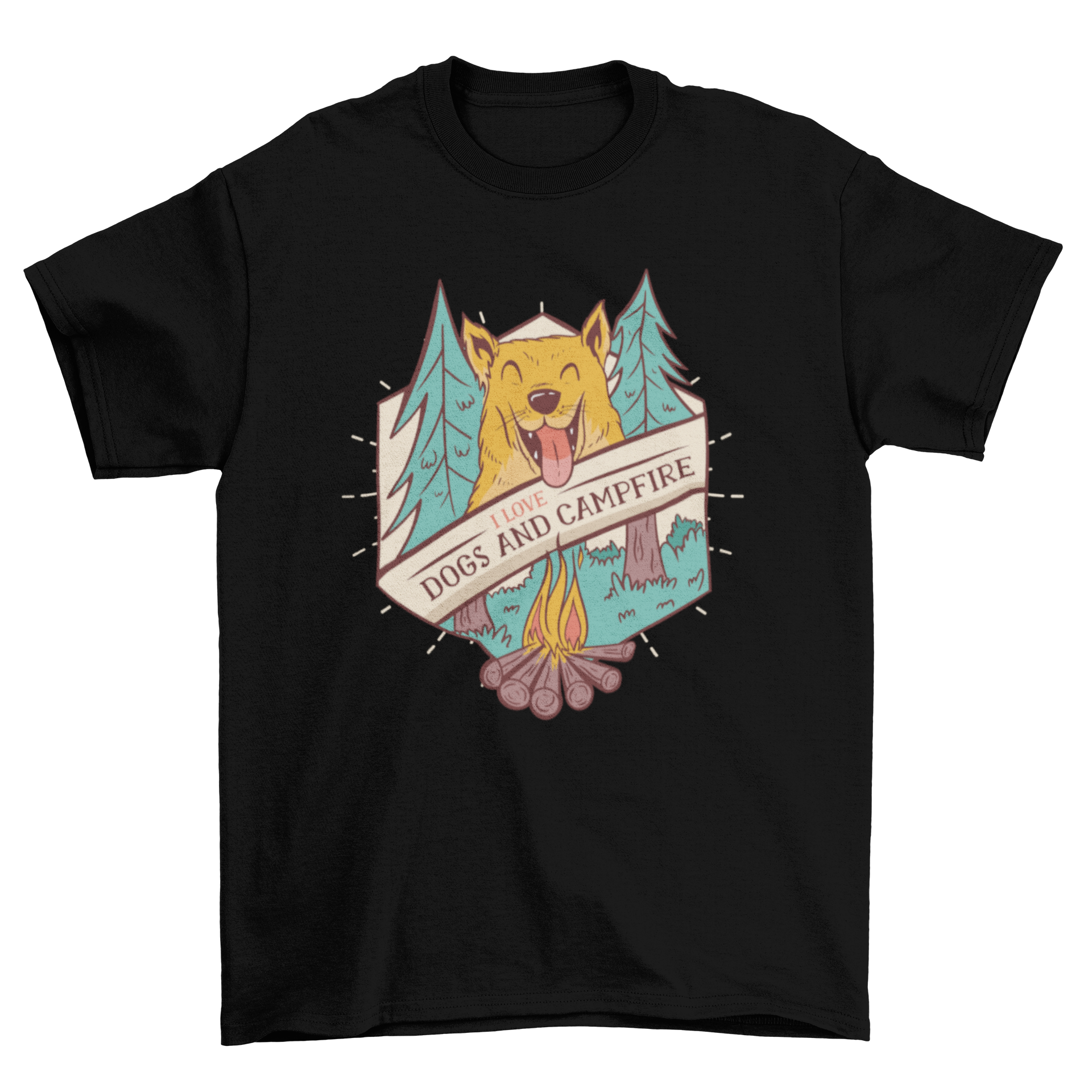 A stylish t-shirt featuring a smiling dog illustration and the quote 'I love dogs and campfire'.