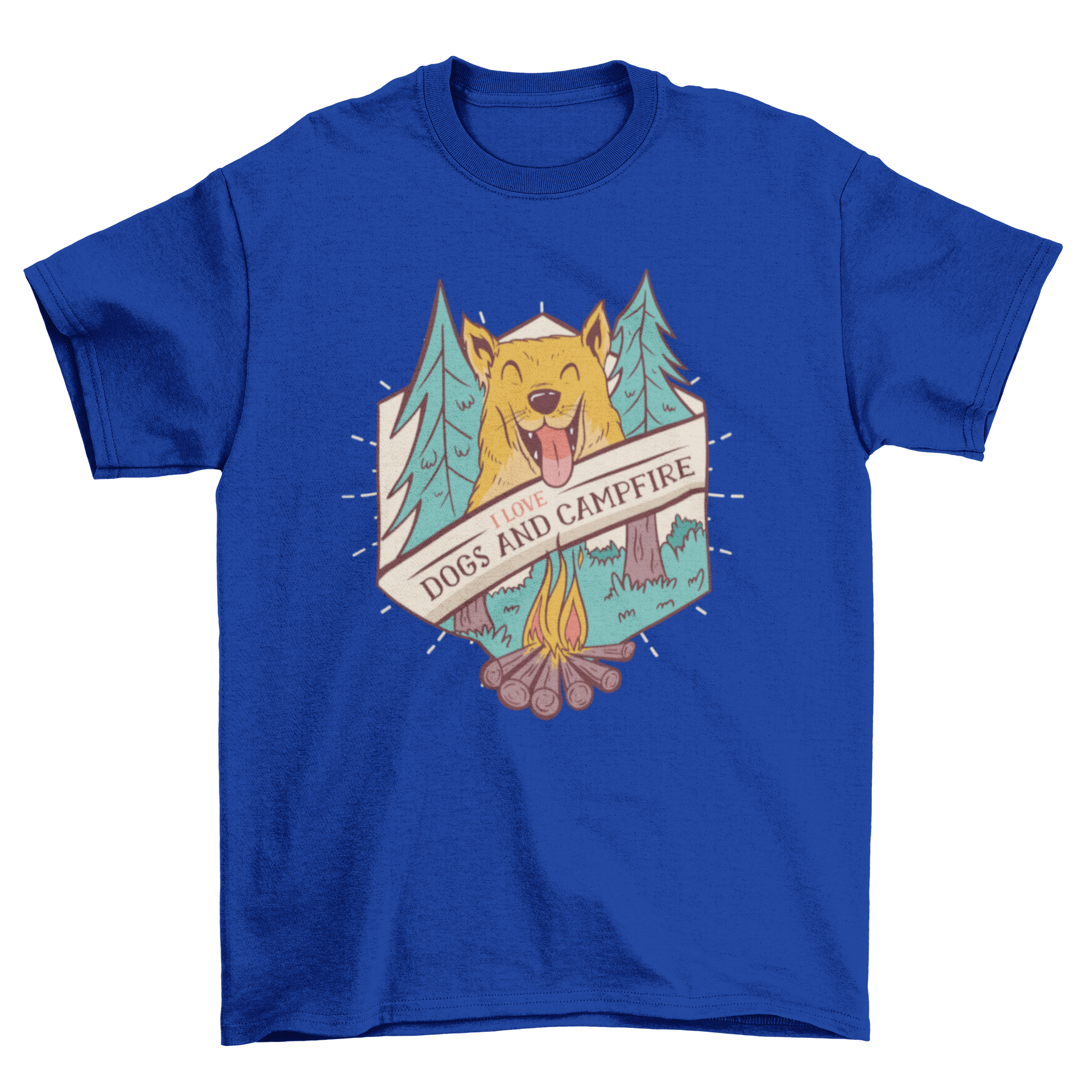 A stylish t-shirt featuring a smiling dog illustration and the quote 'I love dogs and campfire'.