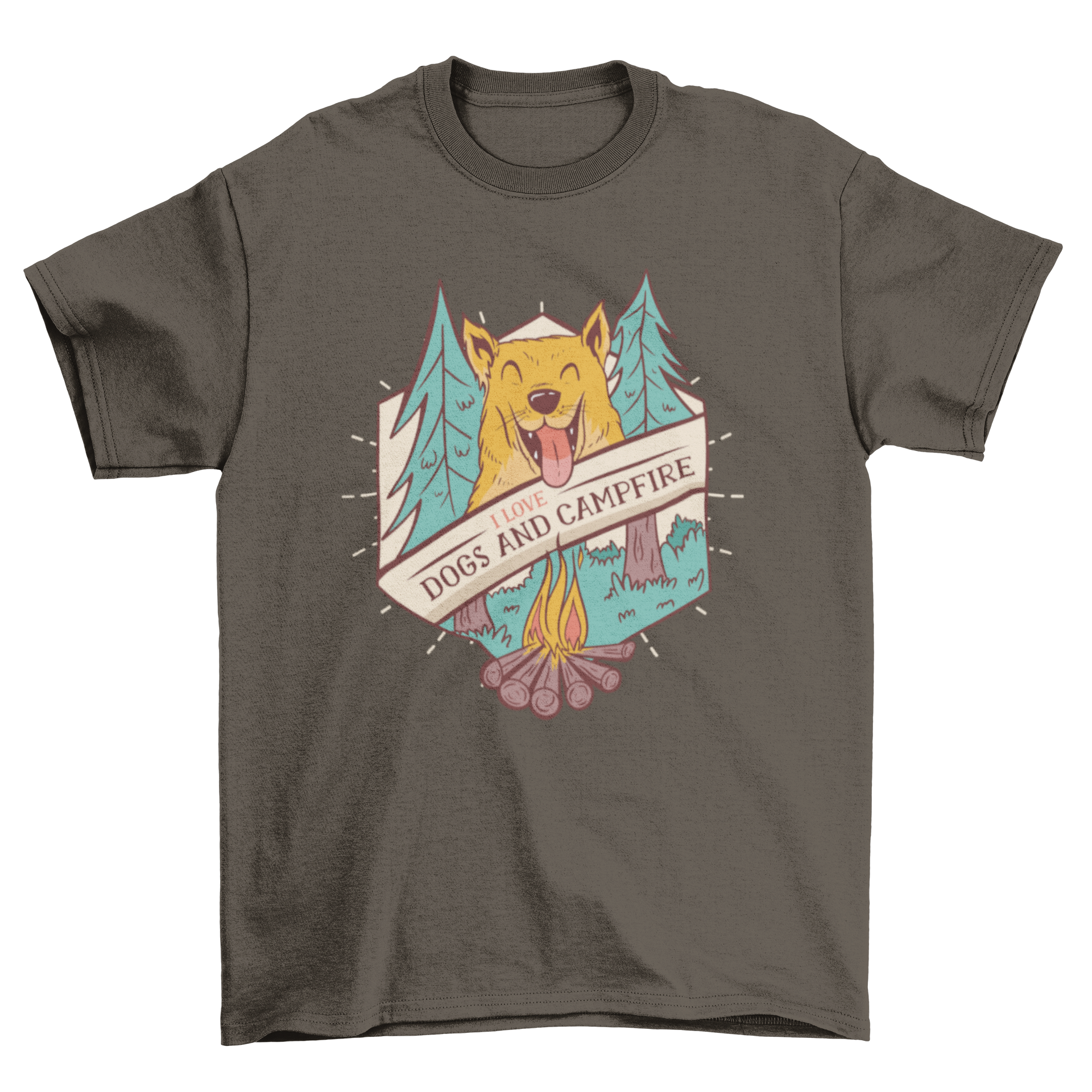 A stylish t-shirt featuring a smiling dog illustration and the quote 'I love dogs and campfire'.