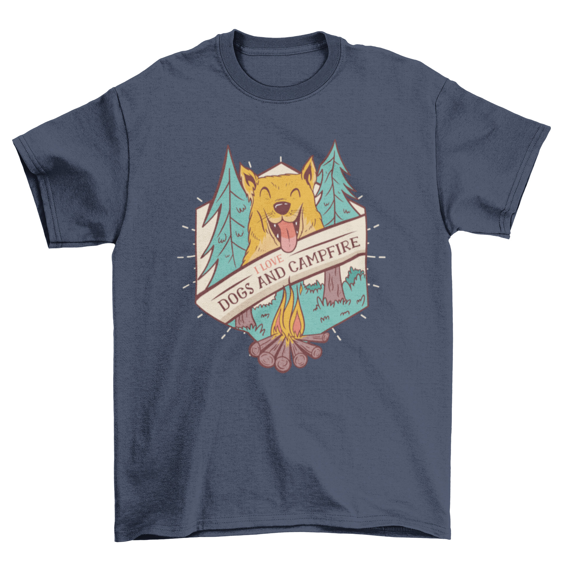 A stylish t-shirt featuring a smiling dog illustration and the quote 'I love dogs and campfire'.