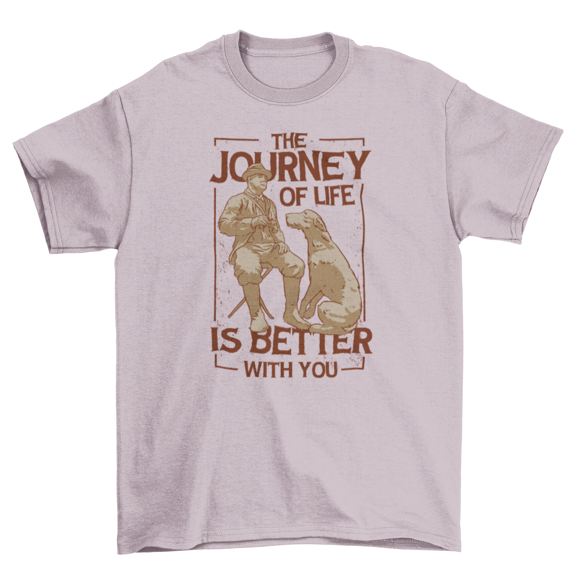 A t-shirt featuring a heartwarming design of a man and his dog with the quote 'The journey of life is better with you'.